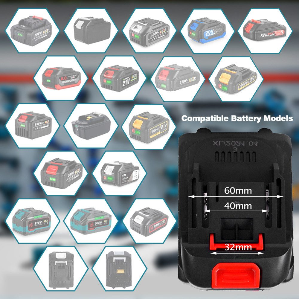 Mehrere Batteriemodelle und ein schwarzer Batterieanschluss mit Abmessungen.