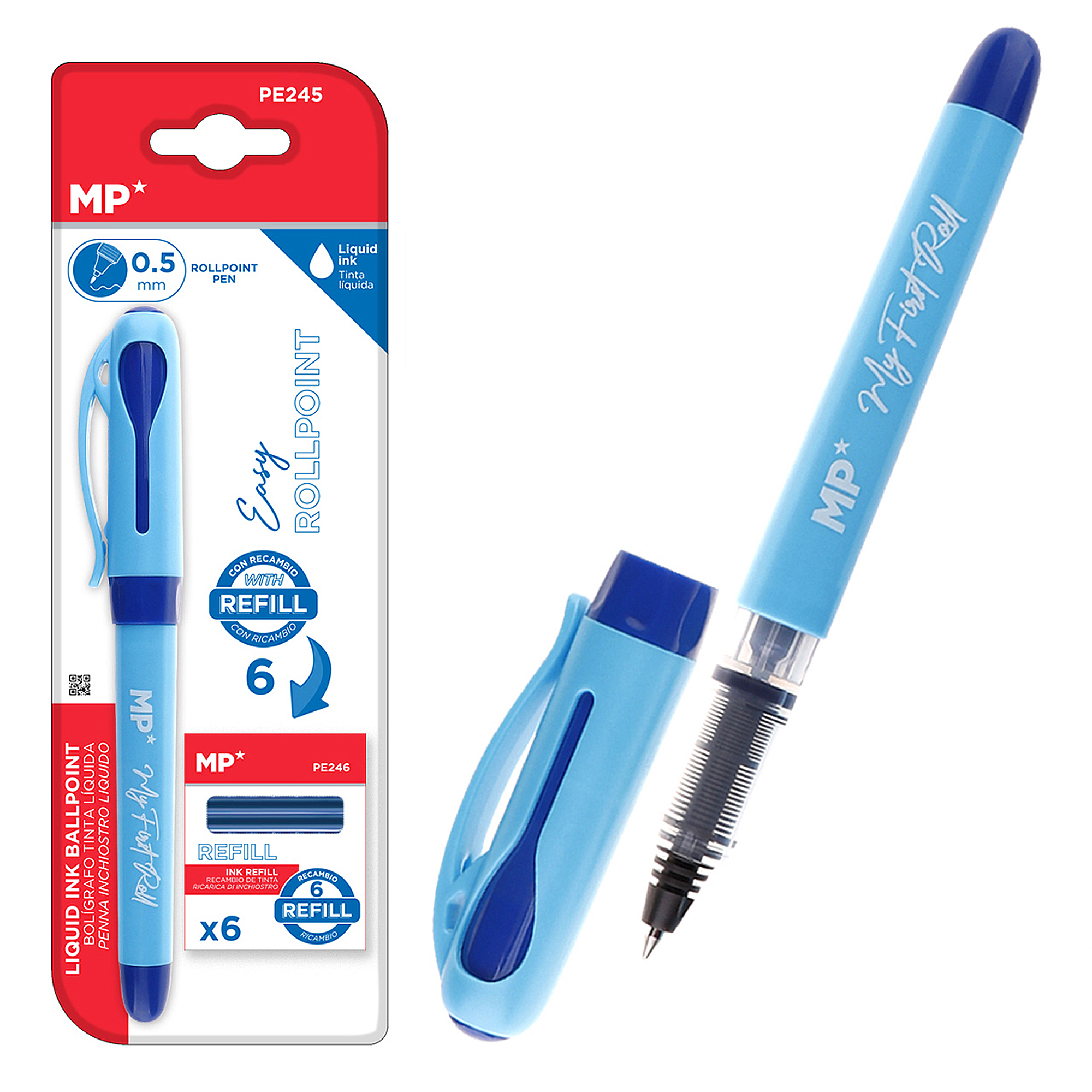 Zwei blaue Stifte und Verpackung. Ein Stift ist ohne Kappe. Verpackung hat Text.