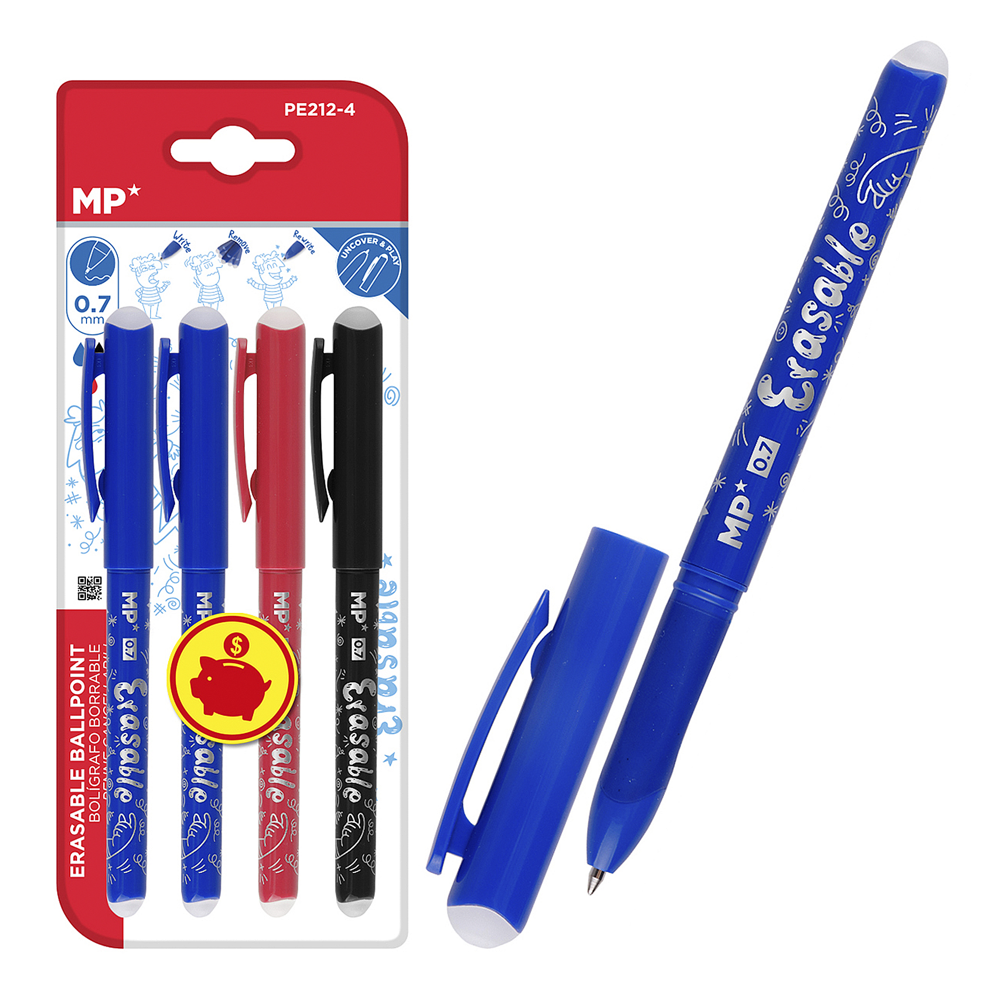 Löschbare Kugelschreiber in einer Packung und ein einzelner blauer Stift auf weißem Hintergrund.