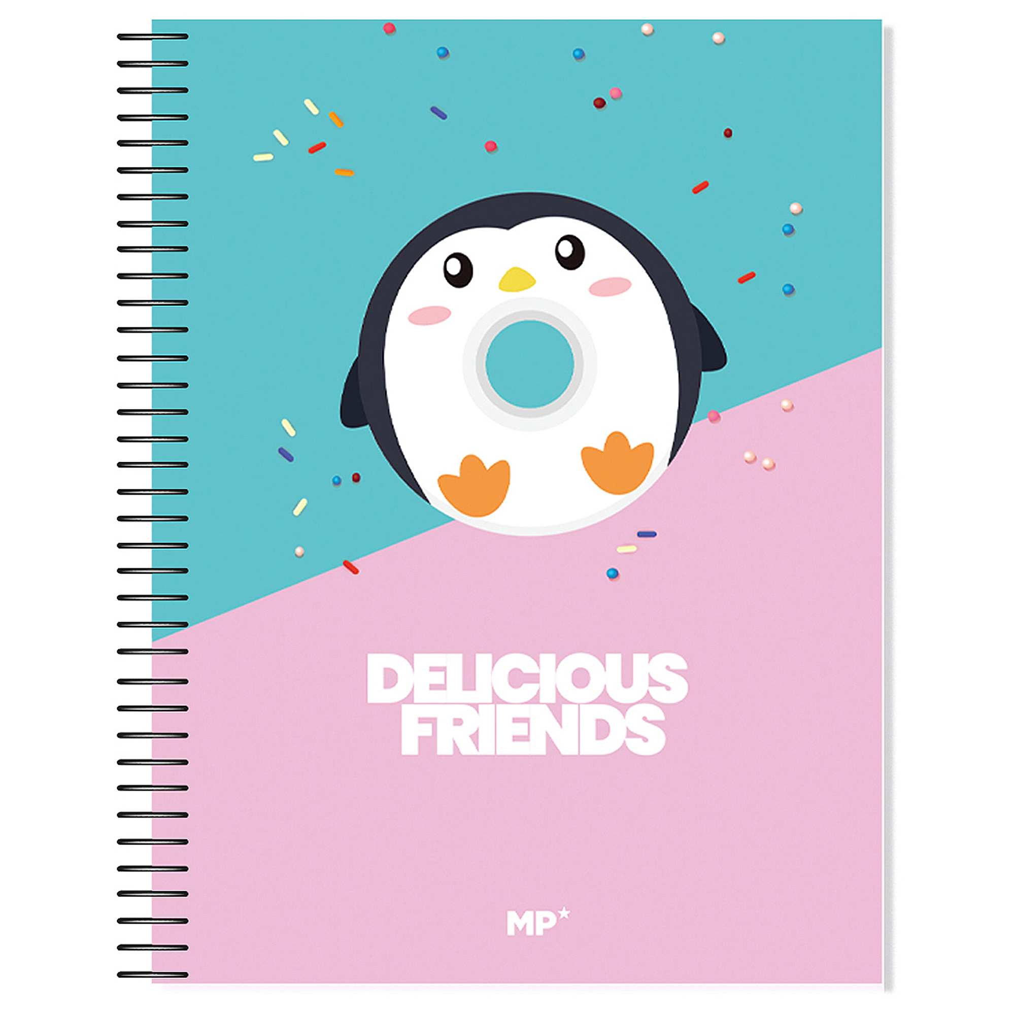 Notizbuch mit Pinguin-Donut-Design auf dem Cover, mit den Worten 'Delicious Friends' und Konfetti.