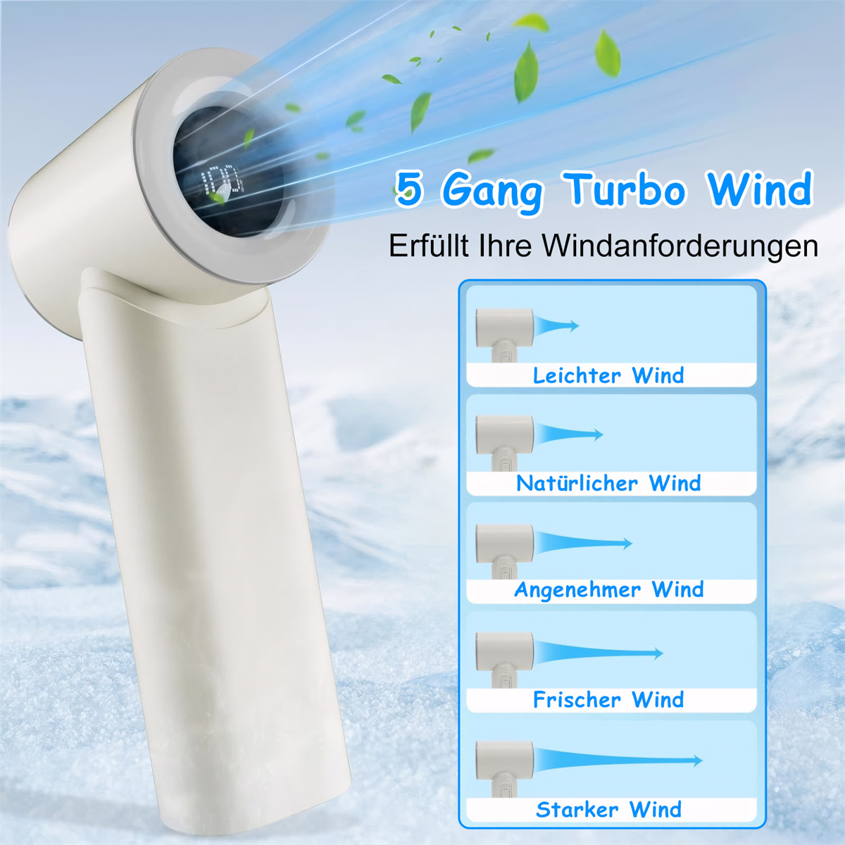 Handventilator und Grafik, die Luftstromoptionen anzeigt, weißer Hintergrund.