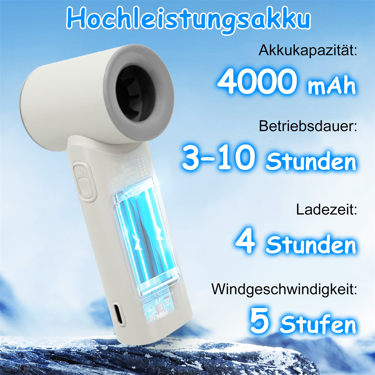 Weißes Gerät mit 4000 mAh Akku, 3-10 Stunden Laufzeit, 4 Stunden Ladezeit, 5 Geschwindigkeiten. Ansicht.