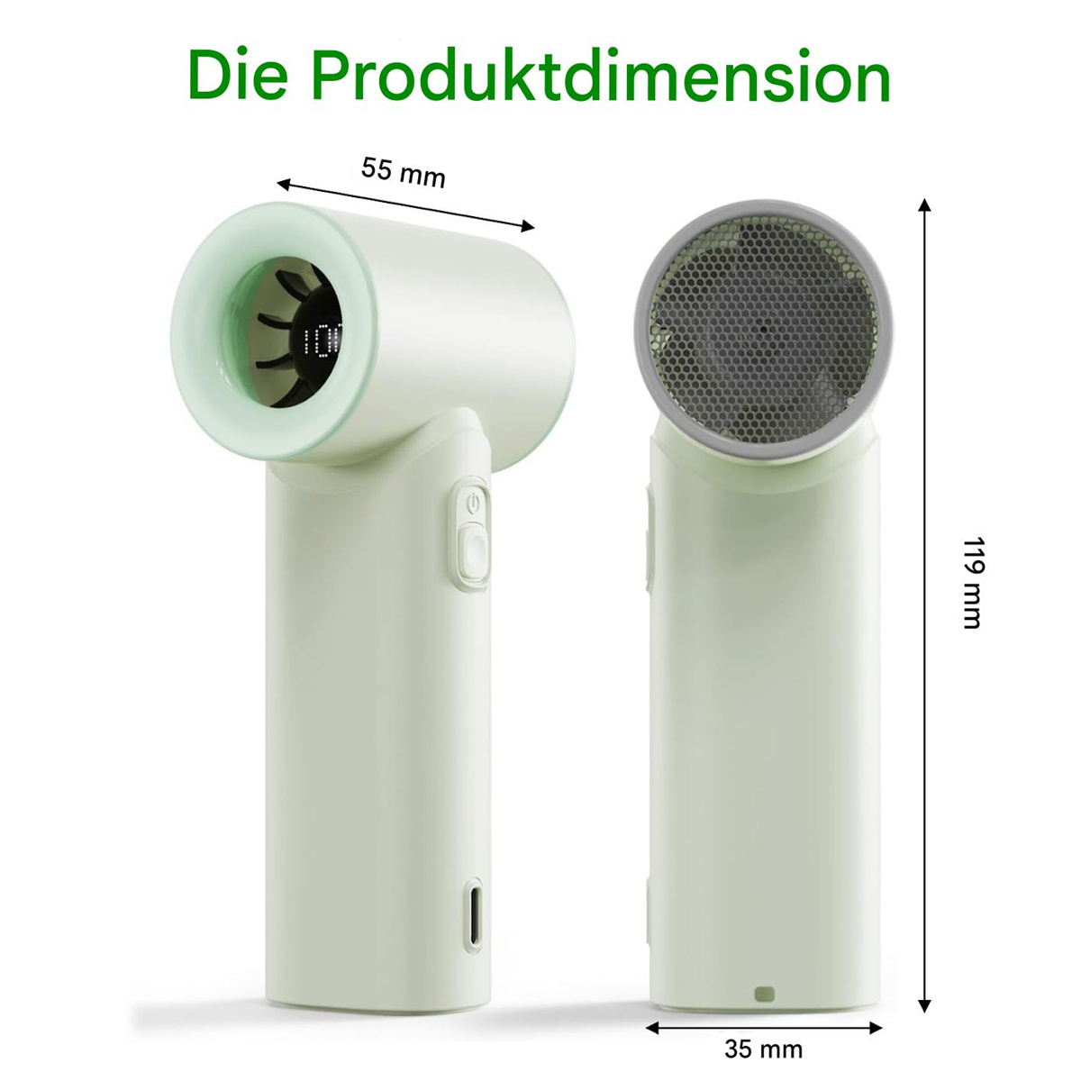 Zwei Ansichten eines grün-weißen Lüfters mit Abmessungen: 55mm x 119mm x 35mm. Das Display ist an.