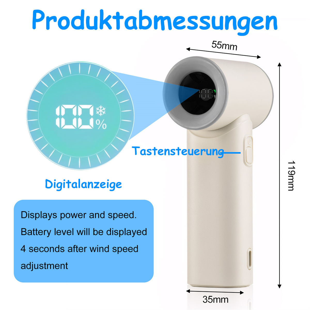 Lüfter mit Digitalanzeige für Leistung und Geschwindigkeit, sowie Abmessungen: 55mm x 119mm x 35mm. Blauer Text.