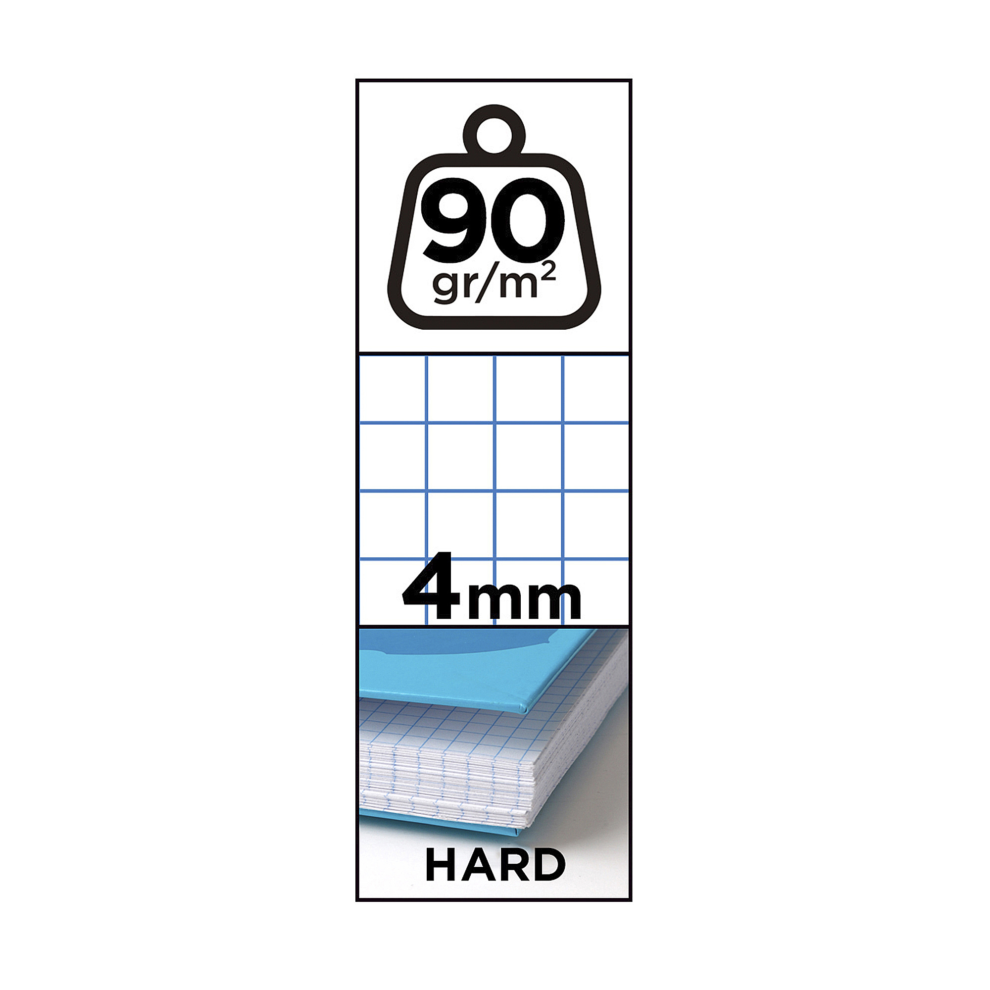 Notizbuch mit blauem Raster, 90 g/m² Papierdichte, 4mm Abstand und dem Wort 'HARD'.