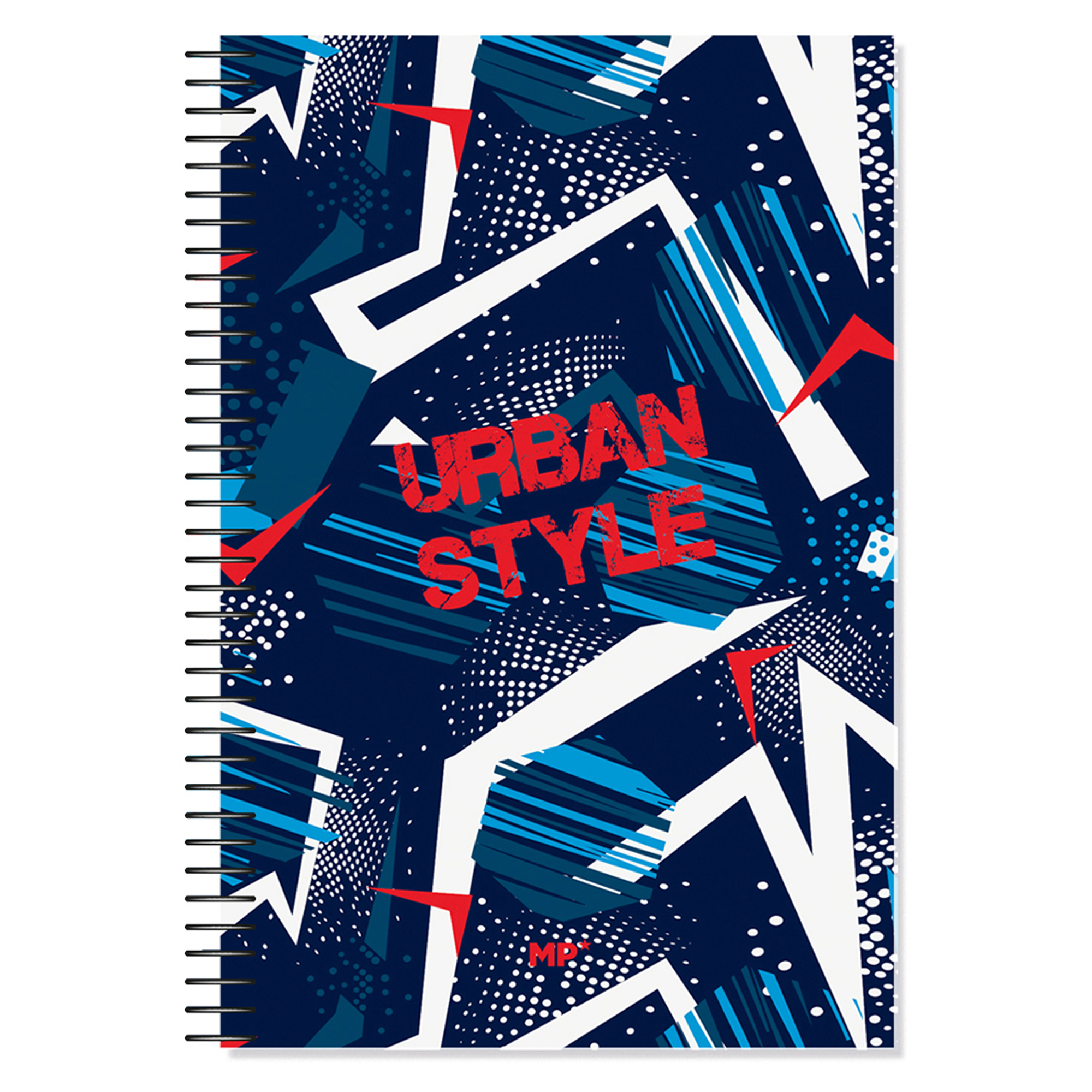 Notizbuch mit blau-weißen geometrischen Formen, roten Akzenten und dem Schriftzug 'URBAN STYLE'.