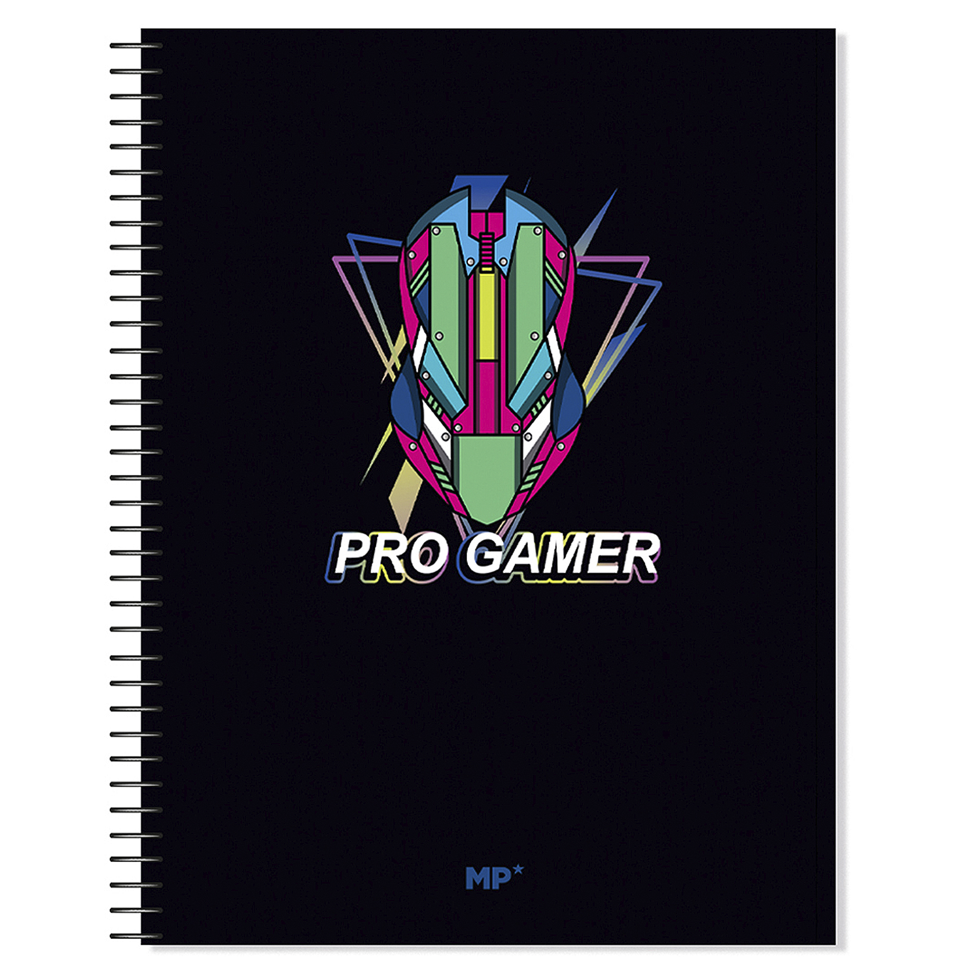 Notizbuch mit Gaming-Maus-Design auf dem Cover und den Worten 'PRO GAMER'. Der Hintergrund ist schwarz.