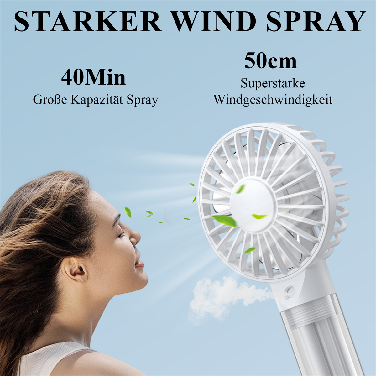 Eine Frau, die einen Handventilator benutzt, mit Text über starken Windspray und Messungen.