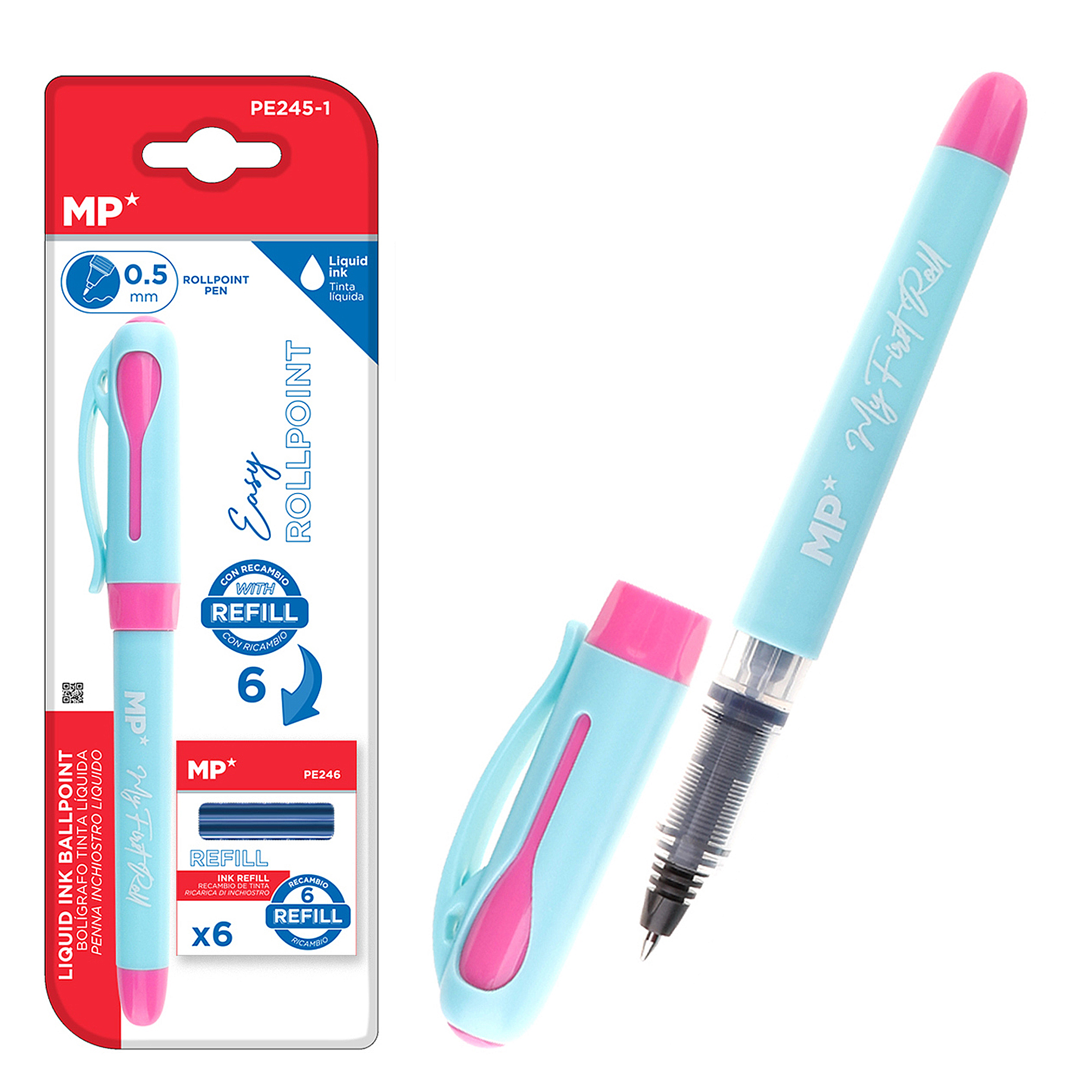 Blauer und pinkfarbener Kugelschreiber mit Verpackung. Der Stift ist geöffnet, die Tinte sichtbar.