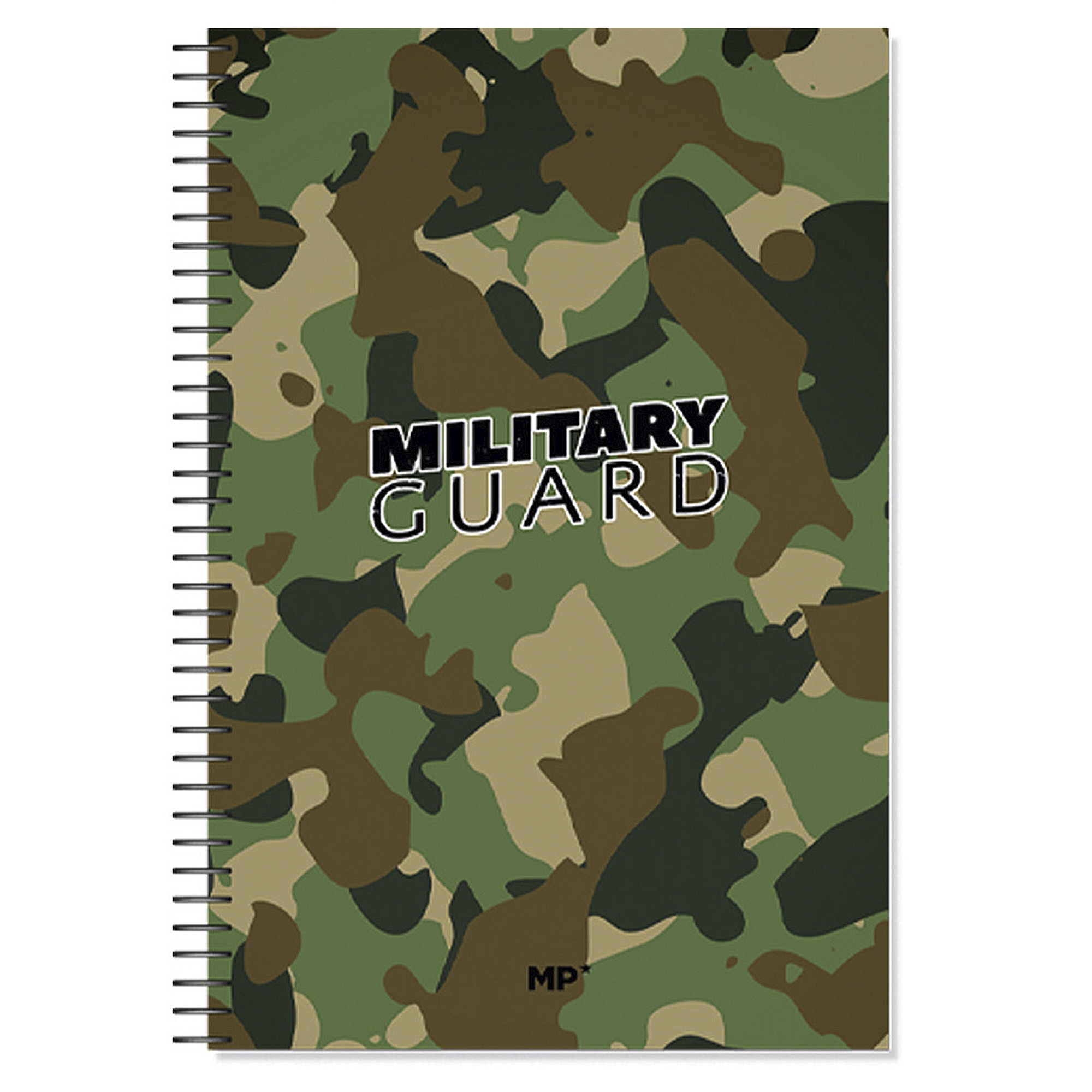 Notizbuch mit Tarnmuster und dem Text "MILITARY GUARD" auf weißem Hintergrund.