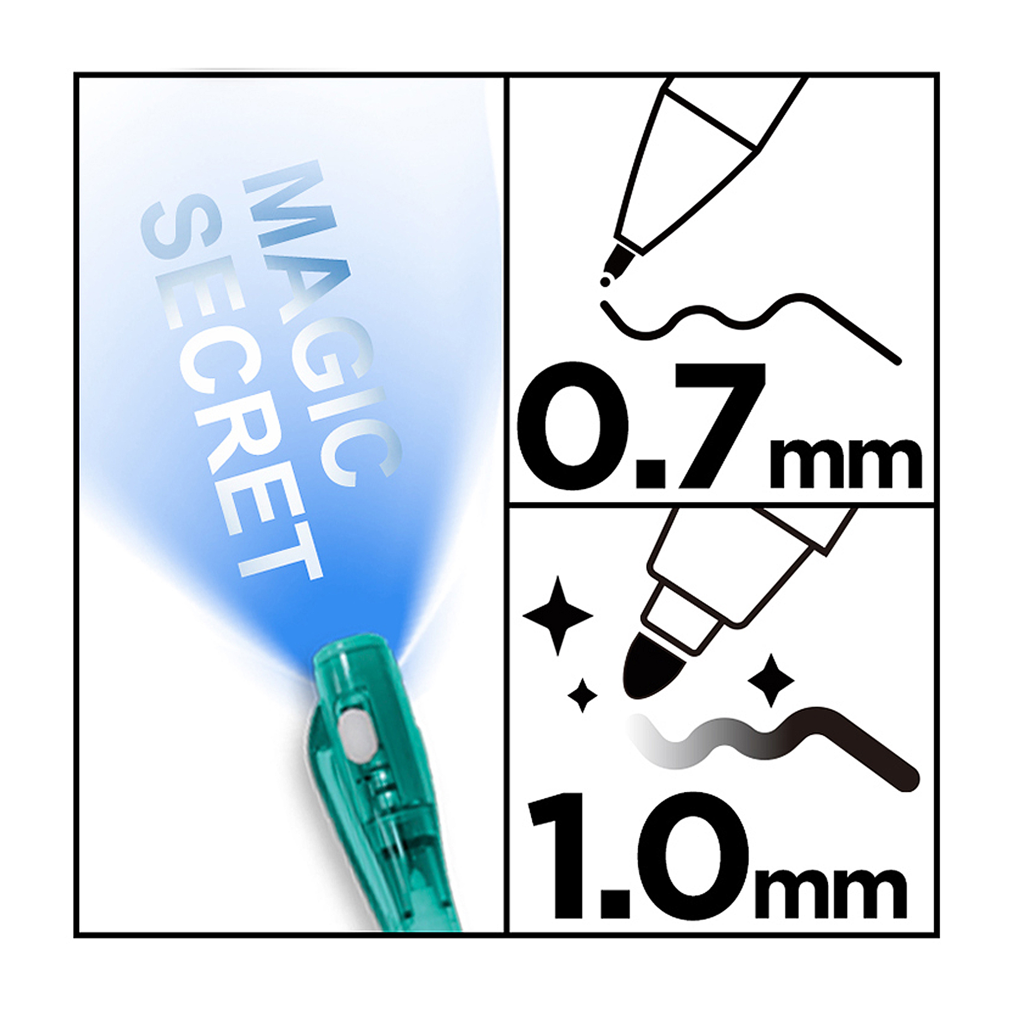 Ein Stift mit blauem Licht und dem Text "MAGIC SECRET". Es gibt Illustrationen von Stiftspitzen.