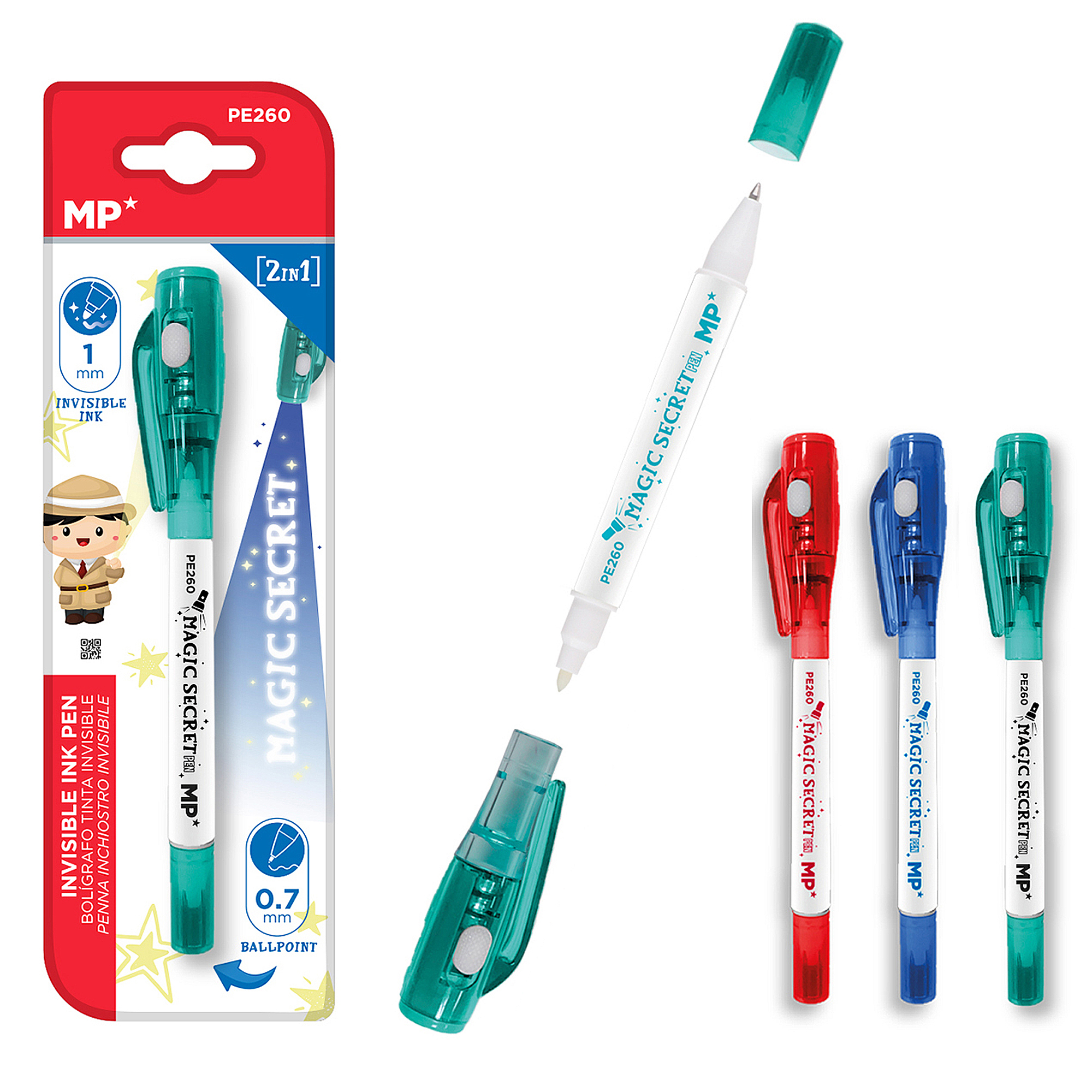 Ein Set unsichtbarer Tintenstifte, mit einem offenen Stift, der die Tinte zeigt. Mehrere sind rot, blau und grün.