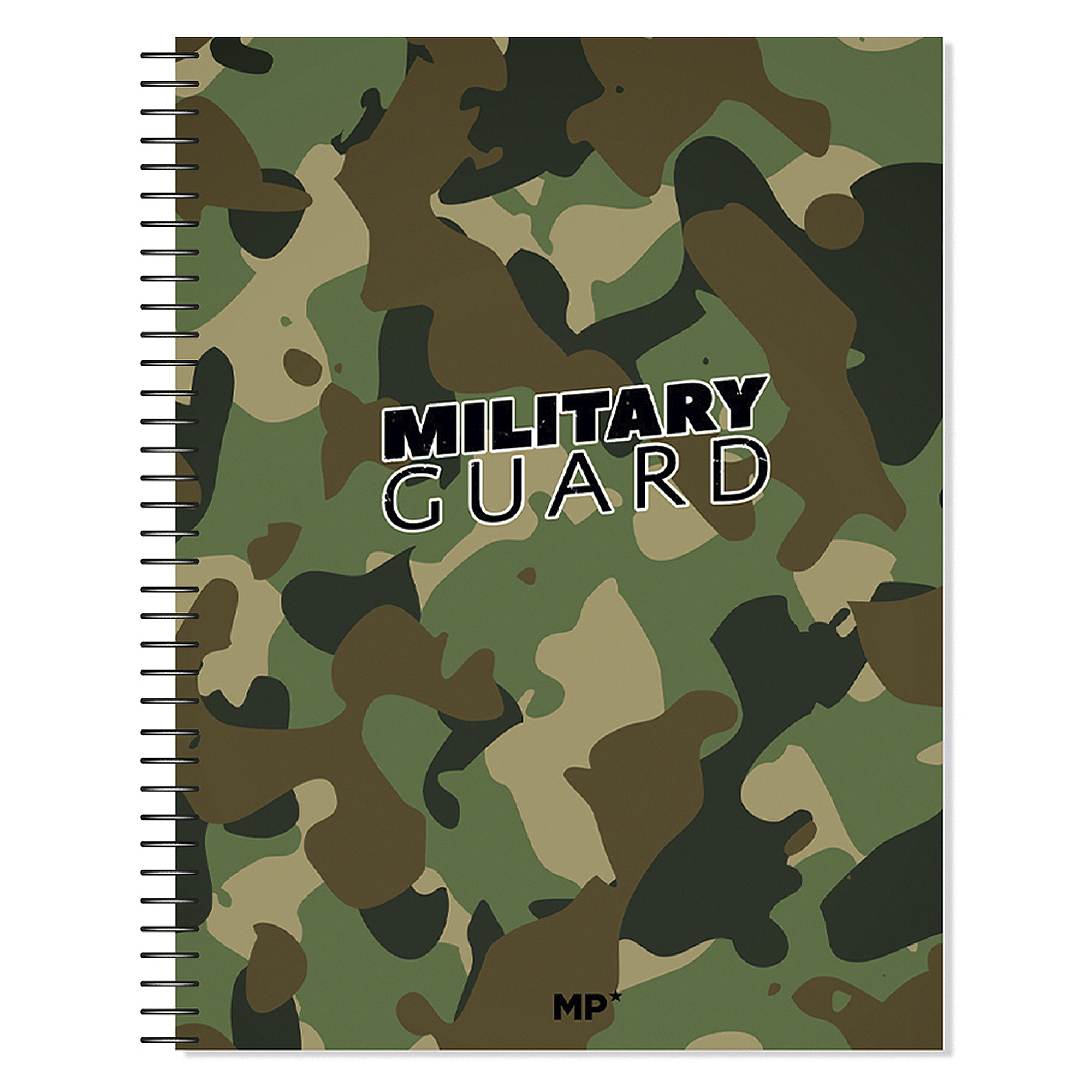 Notizbuch mit Tarnmuster-Einband. Der Text "MILITARY GUARD" ist prominent.