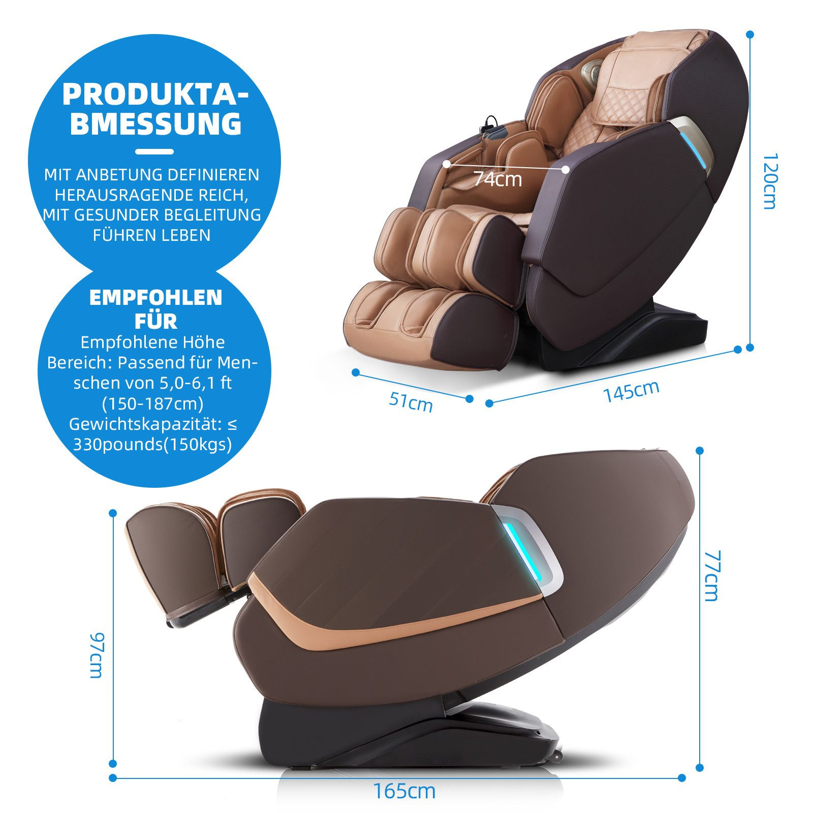 Ein elektrischer Massagesessel in Braun und Beige. Abmessungen und Spezifikationen werden angezeigt.