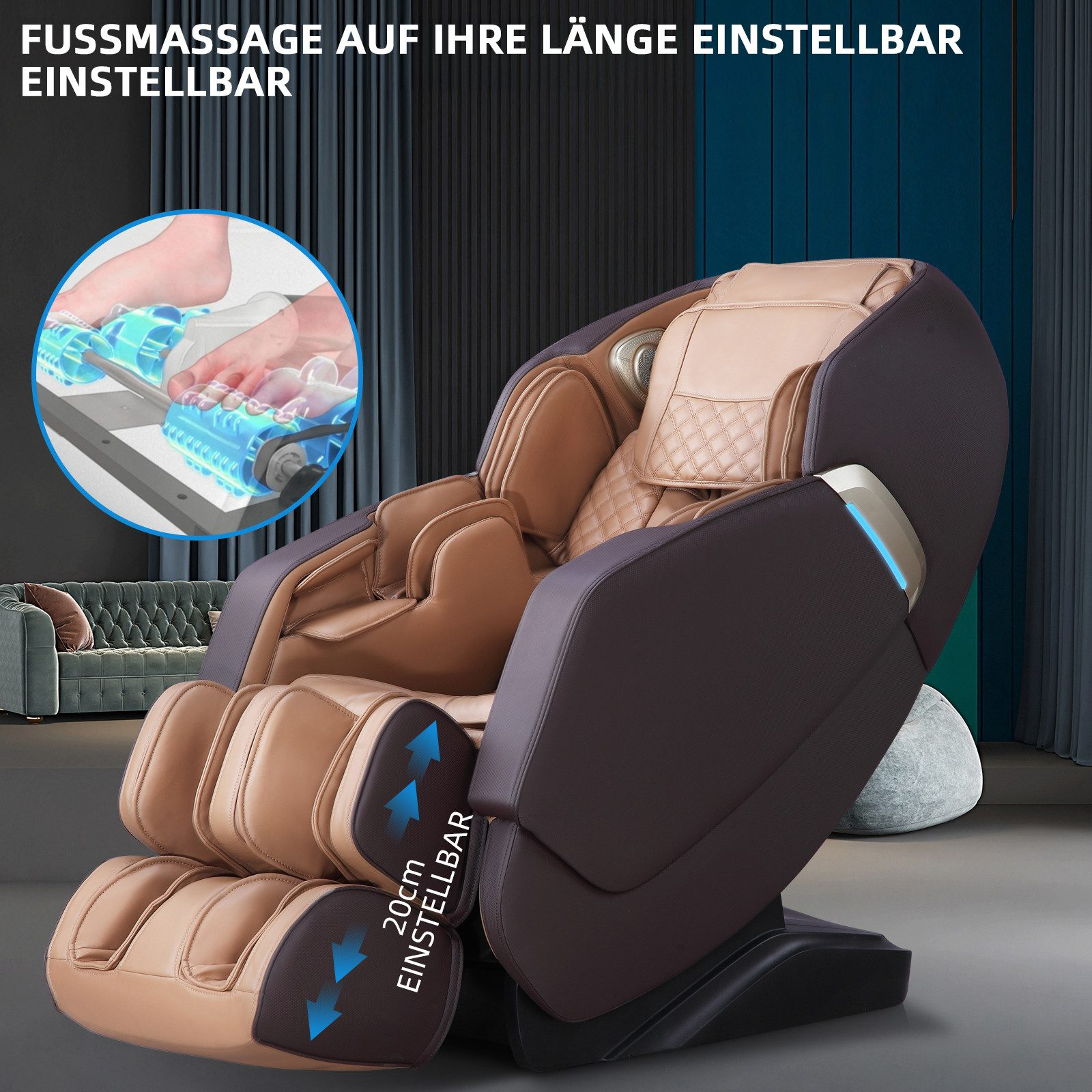 Massagesessel mit Text, der Fußmassage anzeigt. Beige und braune Farben.