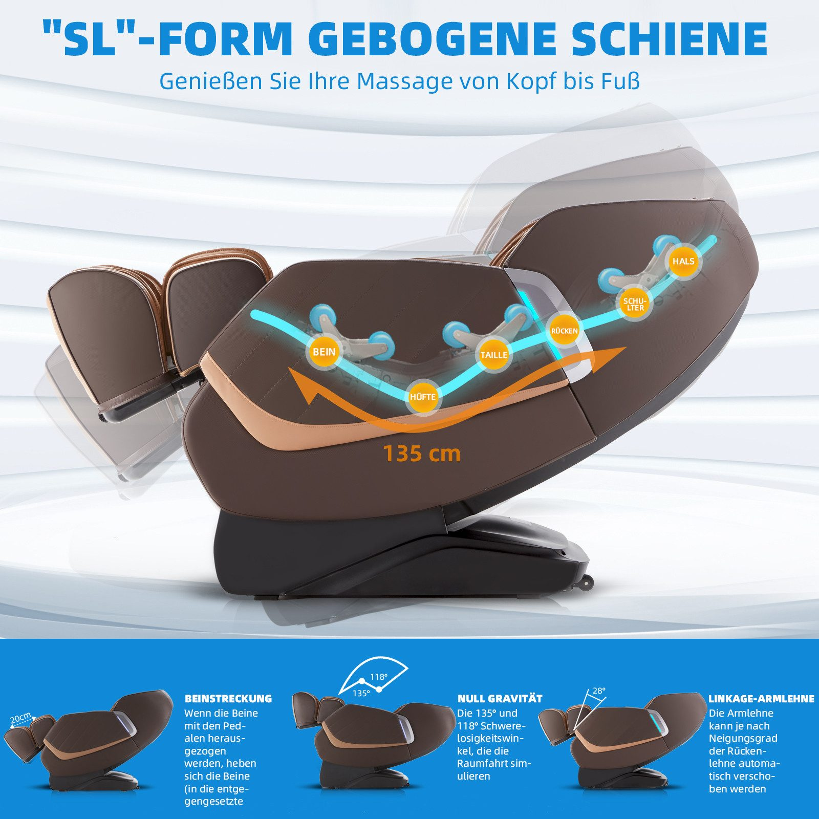 Brauner Massagesessel, der Abschnitte mit Beschriftungen und Diagrammen der Bein- und Rückenpositionen zeigt.