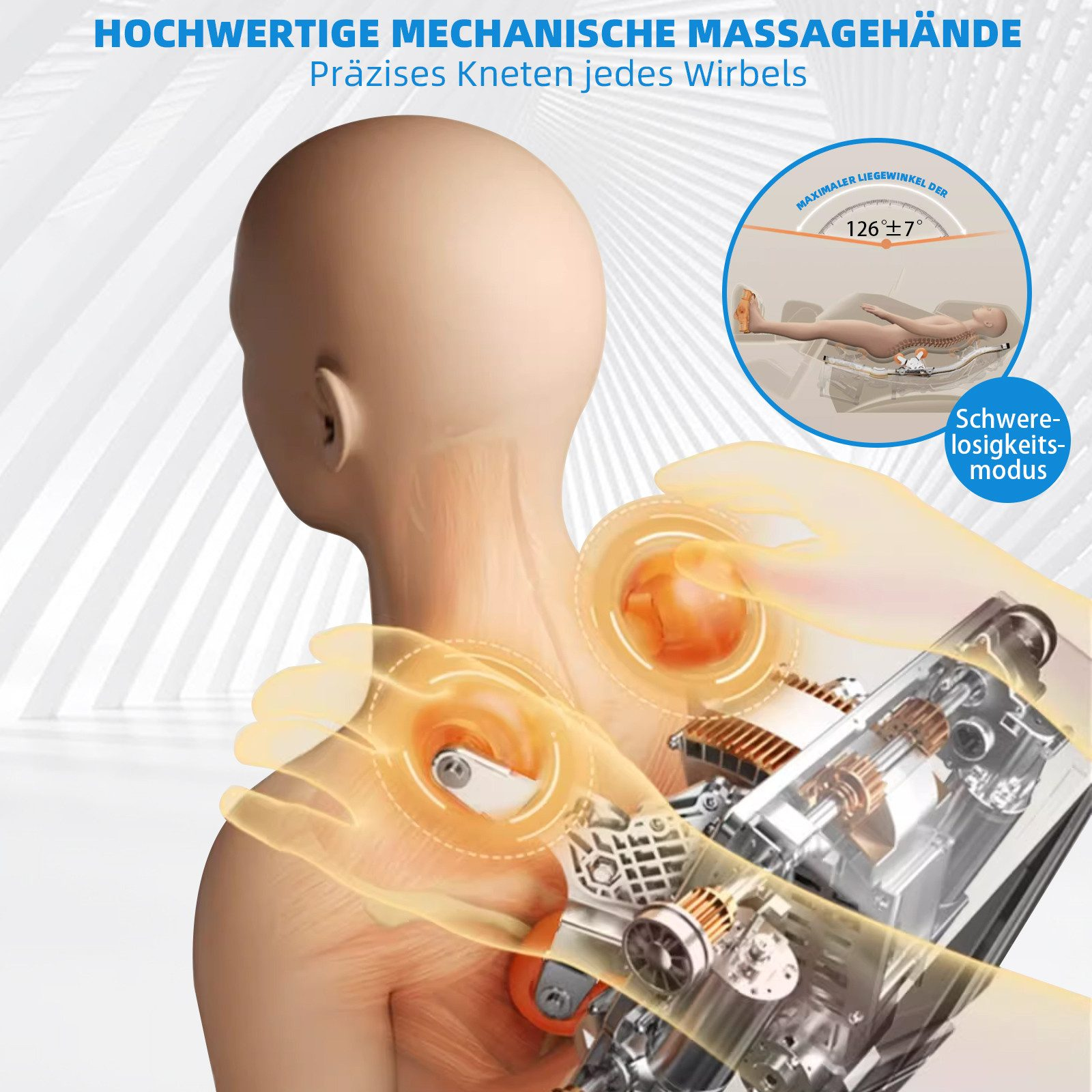 Bild, das eine Maschine zeigt, die den Rücken einer Person massiert, und ein Diagramm des Massage-Winkels.