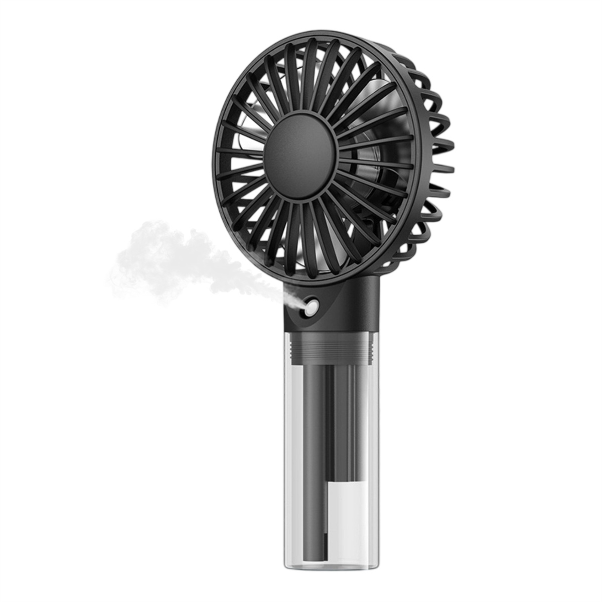 Schwarzer Handventilator mit Wassertank. Der Ventilator befindet sich auf weißem Hintergrund.