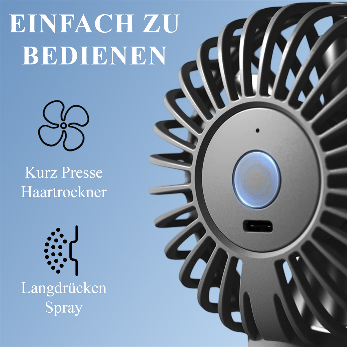 Ein Ventilator mit Text 'Einfach zu Bedienen' und Symbolen für Spray und Trockner.