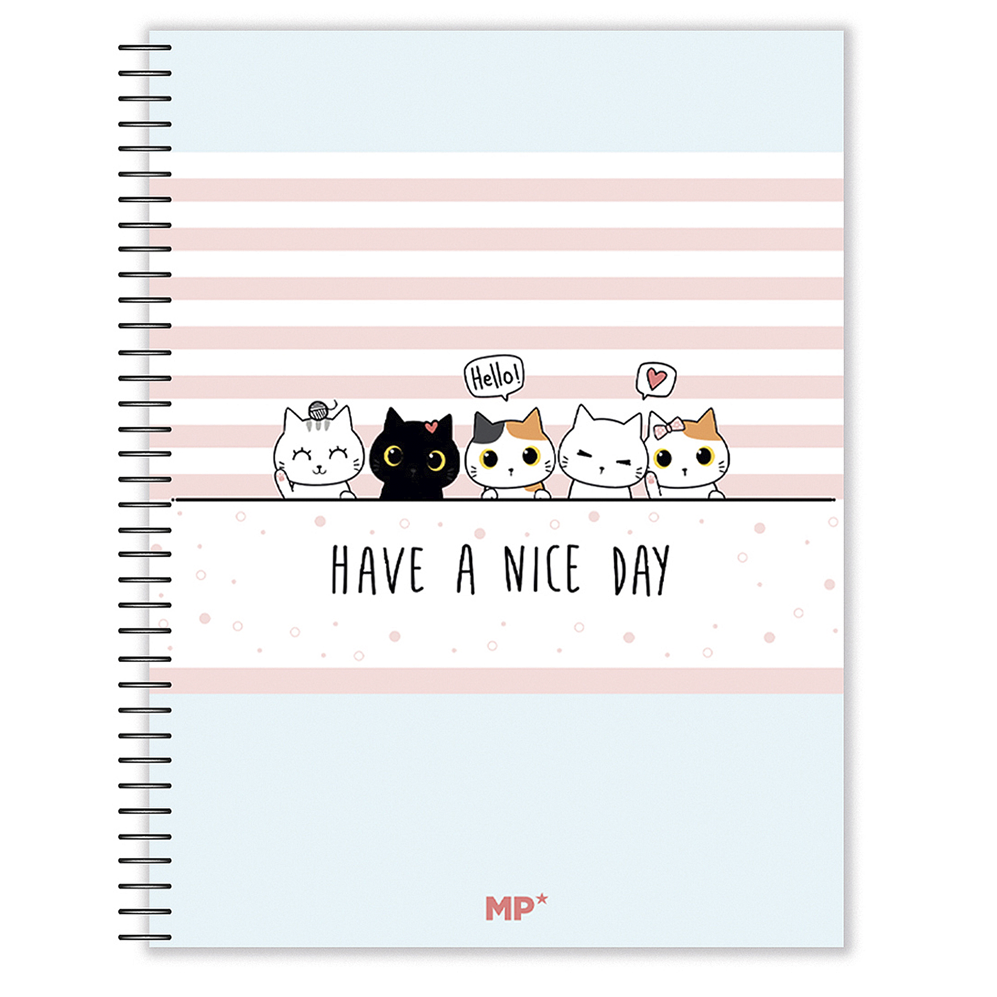 Ein Notizbuch mit Katzenmotiv. Es hat einen blau-rosa gestreiften Hintergrund und eine Reihe von Cartoon-Katzen.