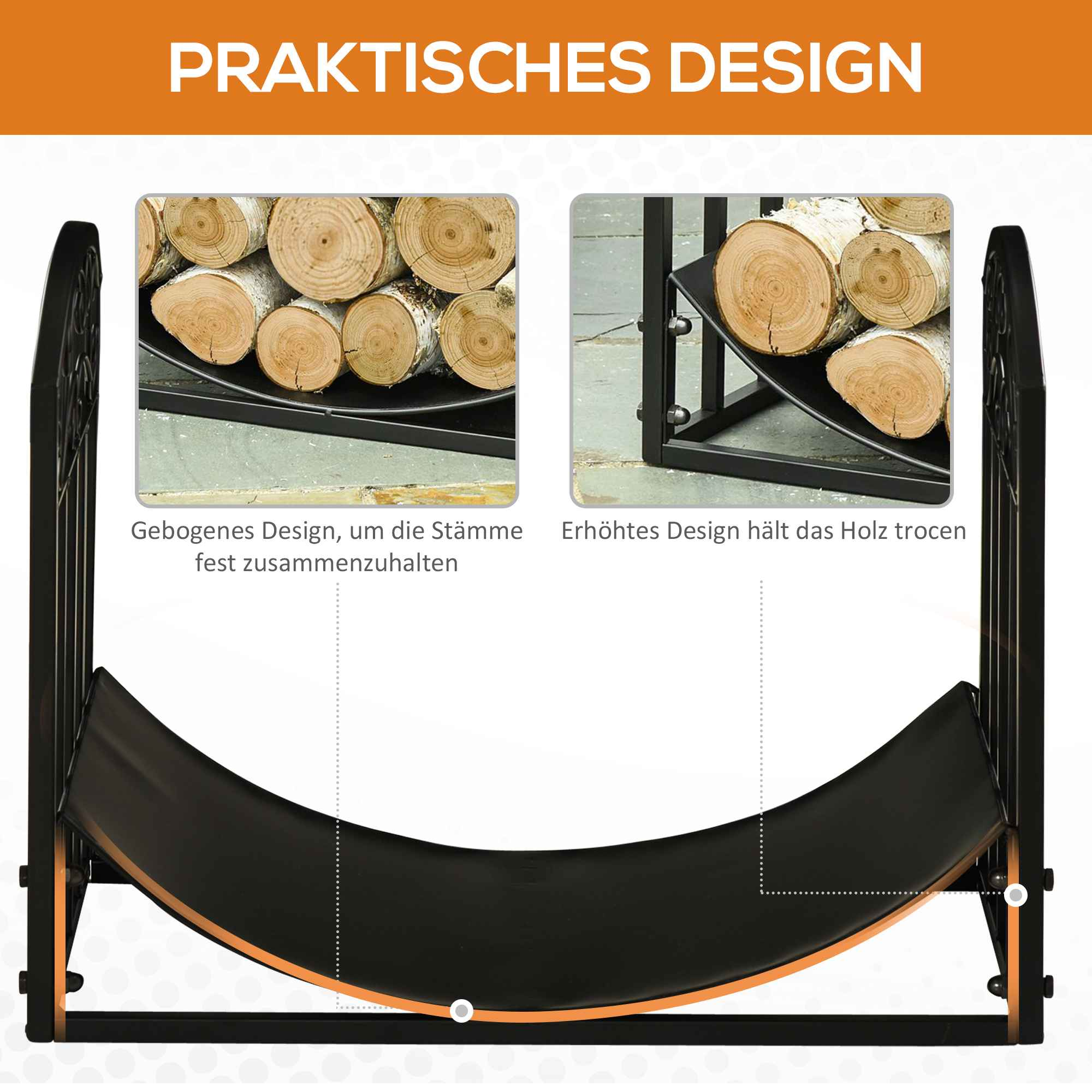 Detaillierte Ansicht eines schwarzen Metall-Holzhalters, Designmerkmale und Konstruktionsdetails.