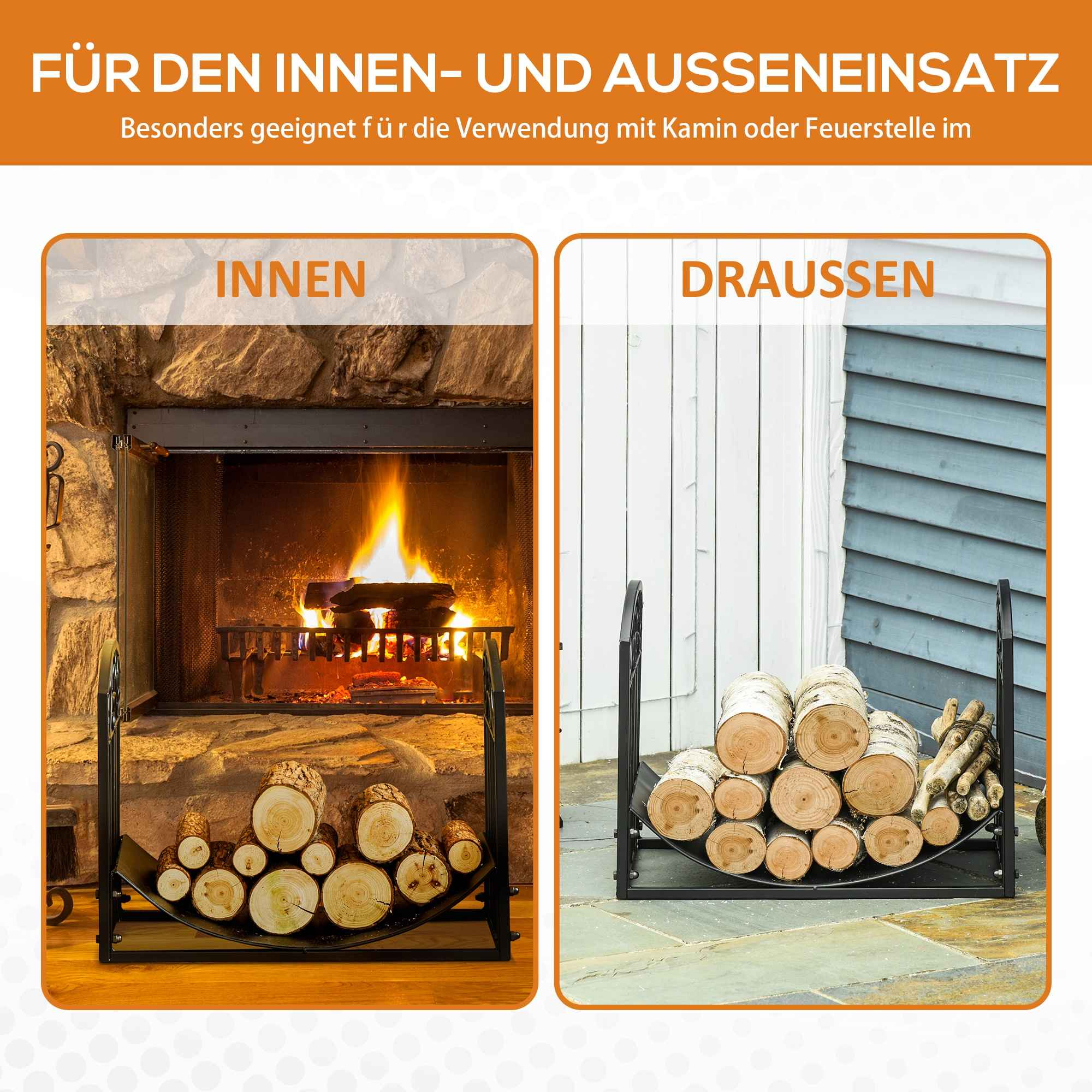 Ein Bild mit zwei Szenen. Links: Kamin mit Holzscheiten. Rechts: Holzhalter mit Holzscheiten. Text: Für den Innen- und Außenbereich.