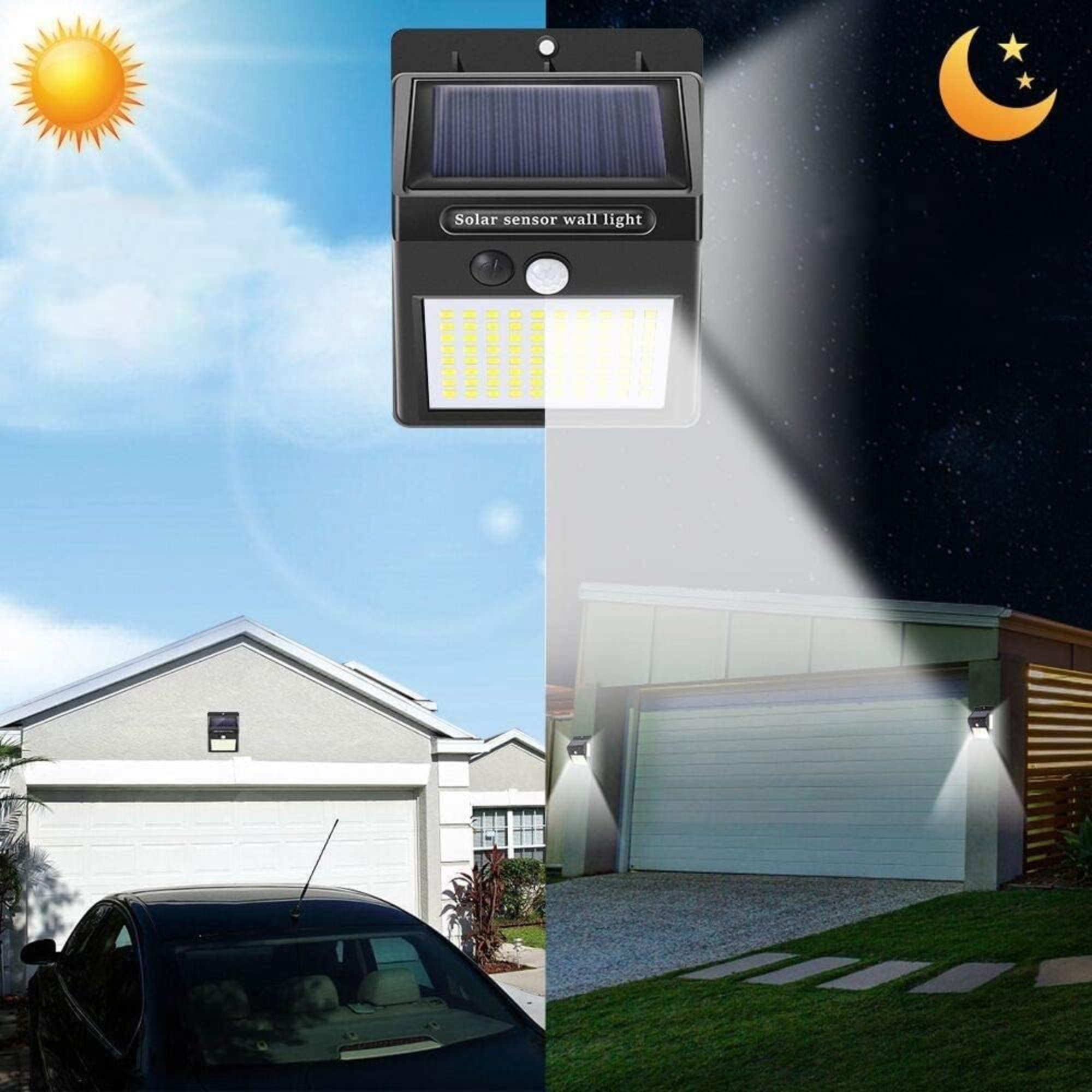 Eine Solar-Sensor-Wandleuchte, die Tag- und Nachtszenen zeigt. Sie hat ein Solarpanel und leuchtet nachts.