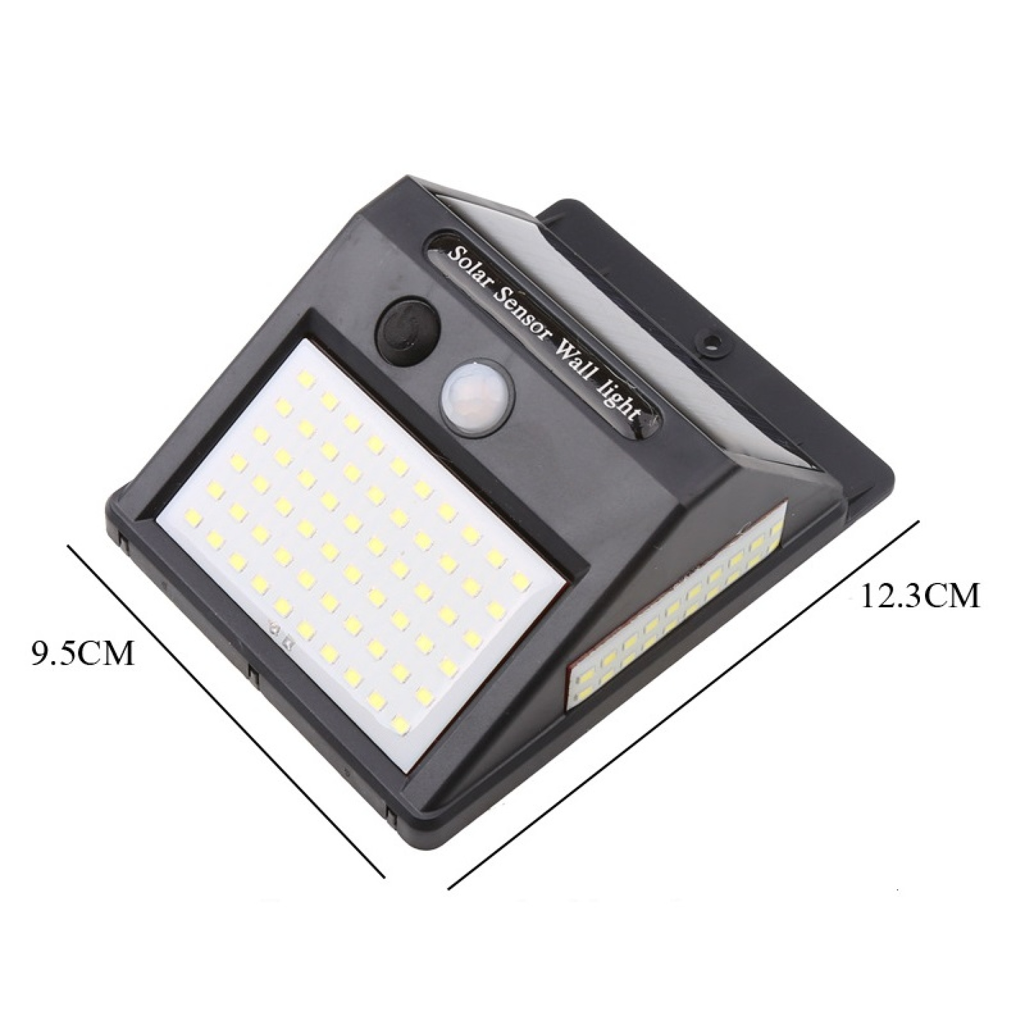 Eine schwarze Solar-Sensor-Wandleuchte mit den Abmessungen 9,5 cm x 12,3 cm. Sie hat LED-Leuchten und einen Sensor.