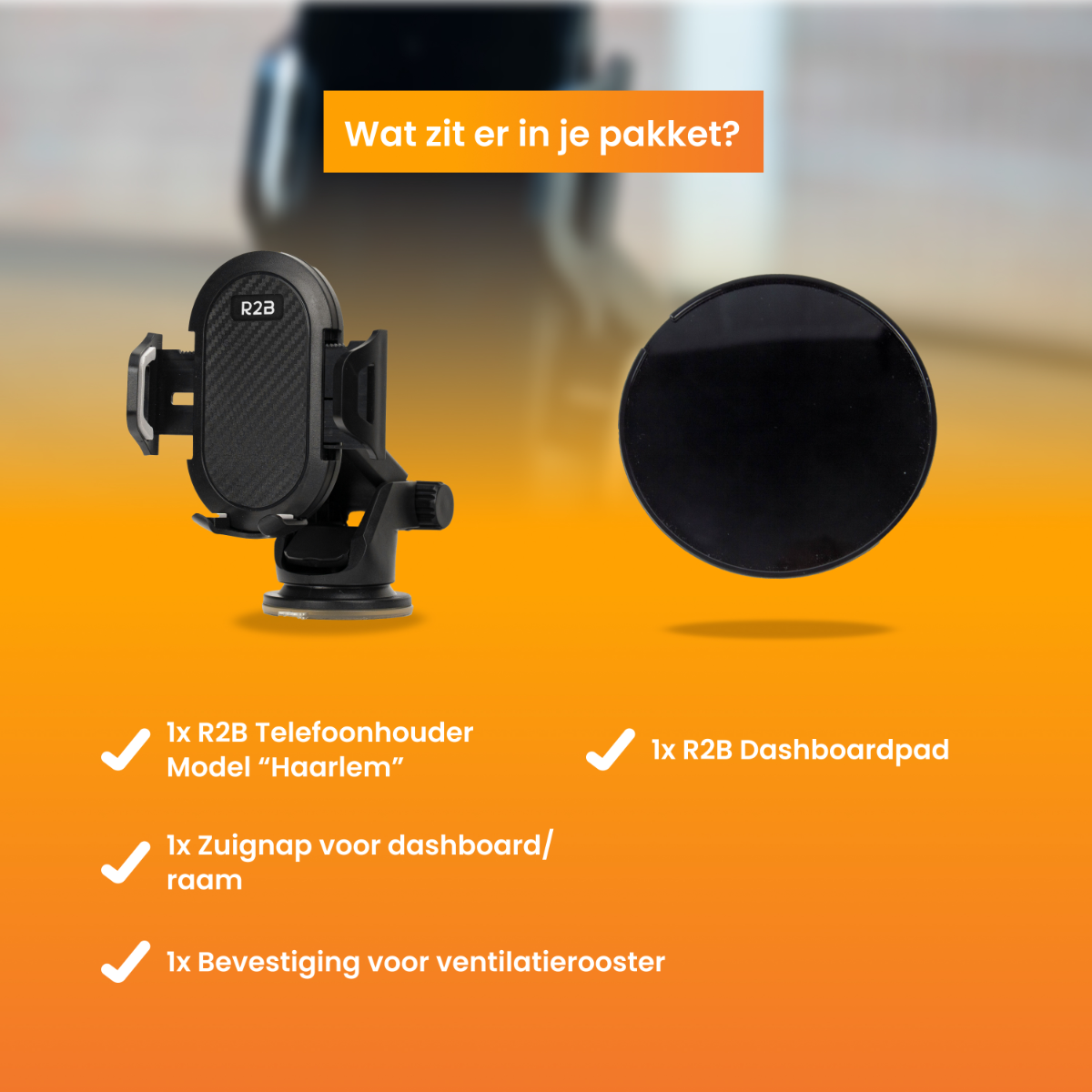 Ein Bild, das einen Autotelefonhalter, ein Armaturenbrett und einen Zigarettenanzünder zeigt. Die Artikel befinden sich auf einem orangefarbenen Hintergrund.