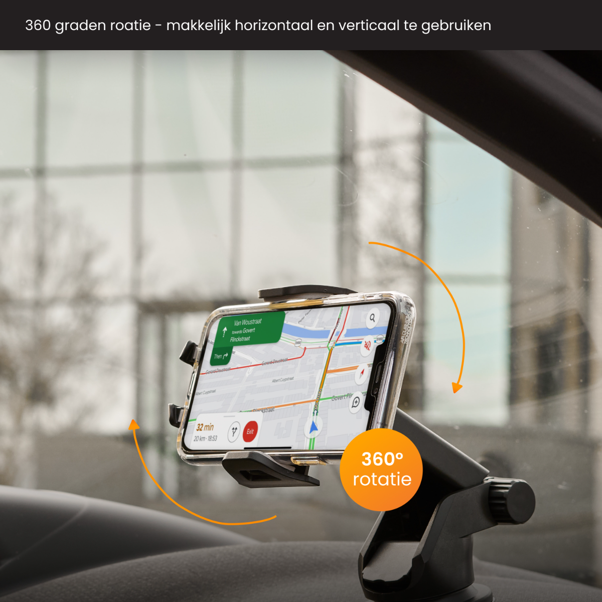 Ein Autotelefonhalter mit einem Telefon, das eine Navigations-App zeigt. Es dreht sich um 360 Grad.