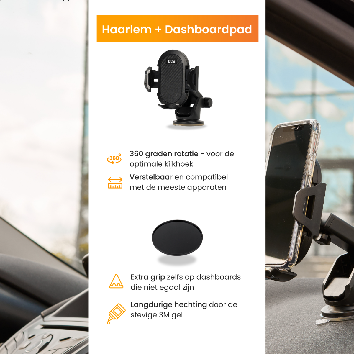 Ein Autotelefonhalter mit montiertem Telefon. Beschreibender Text und Symbole werden angezeigt.