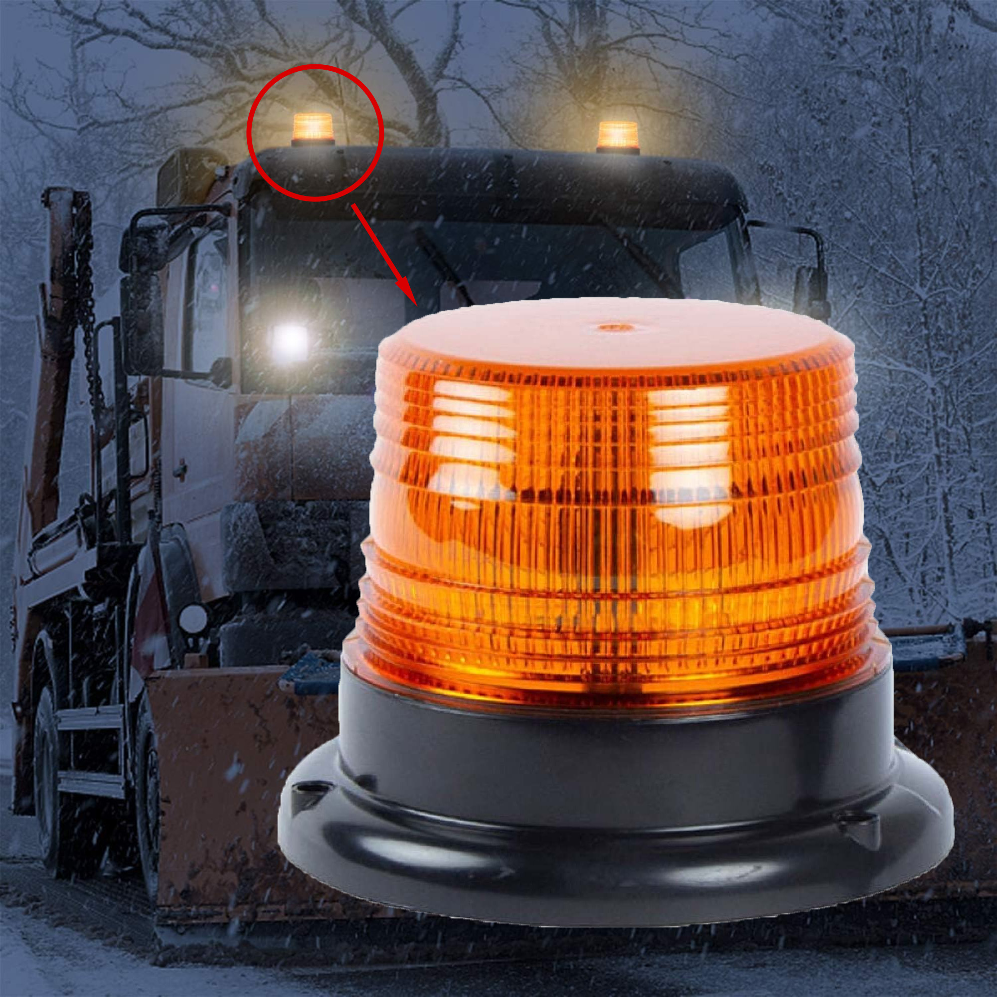Ein Warnlicht an einem Lastwagen in einer verschneiten Szene. Das Licht ist orange und schwarz, mit Schnee im Hintergrund.