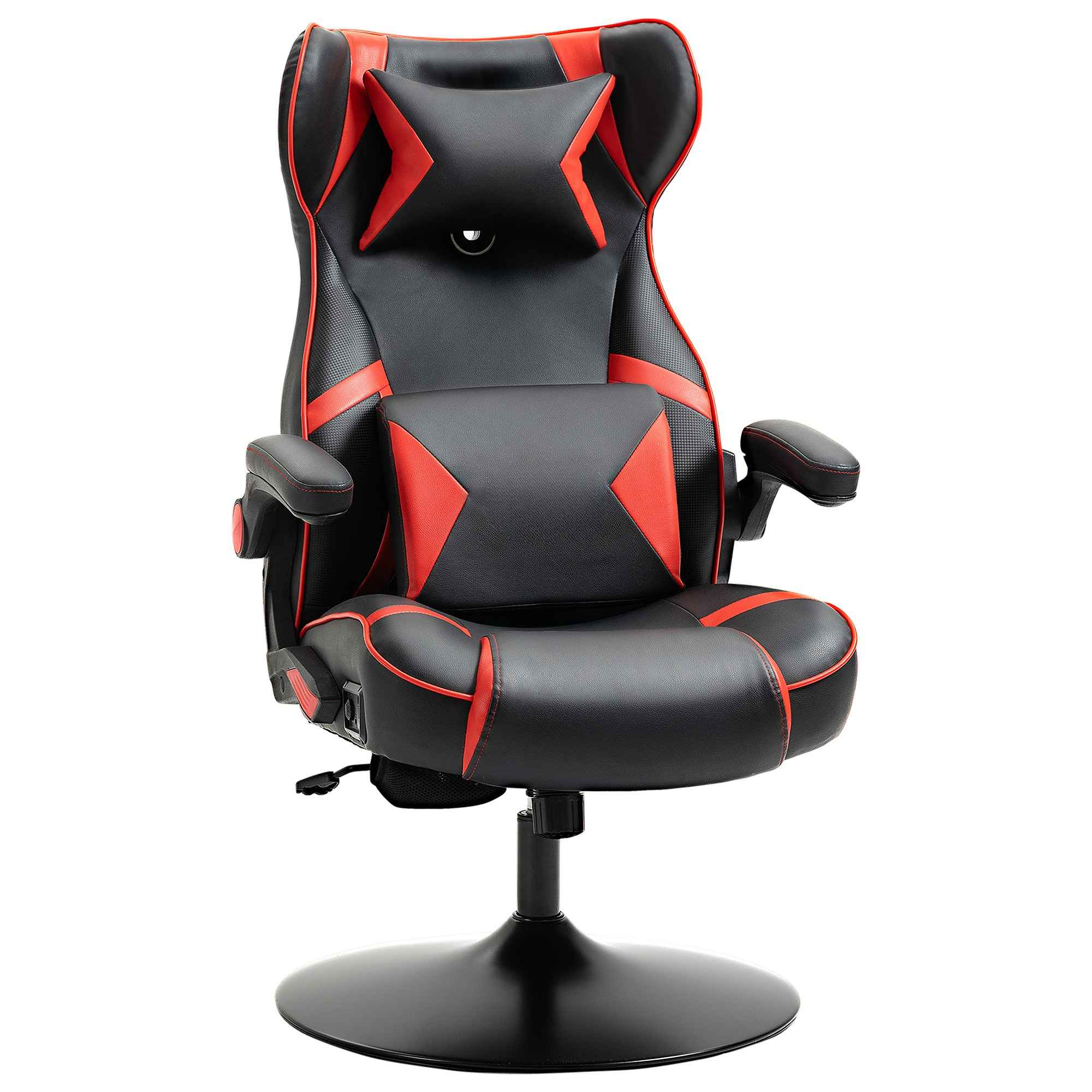Ein schwarz-roter Gaming-Stuhl. Er hat eine Kopfstütze, Rückenlehne, Armlehnen und ein schwarzes Gestell.