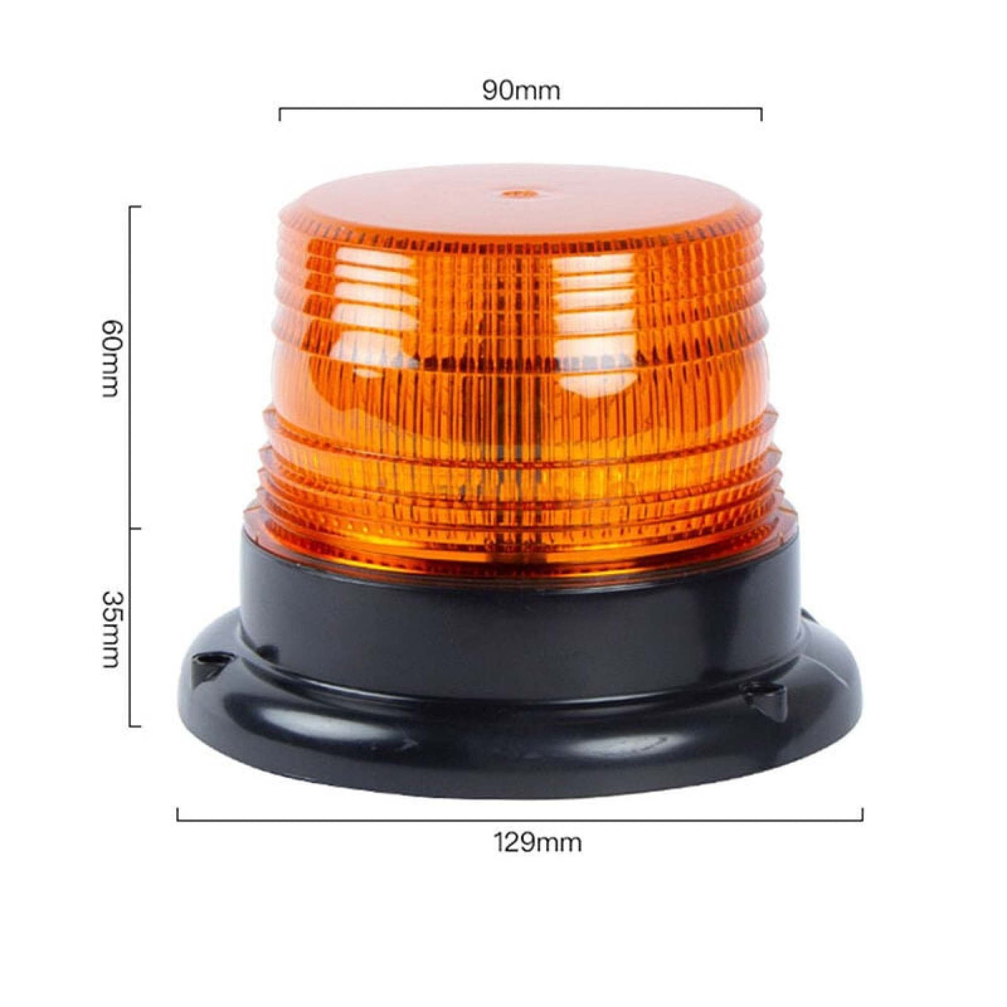 Ein orangefarbenes und schwarzes Warnlicht mit Abmessungen. Das Licht hat mehrere horizontale Rippen und einen schwarzen Sockel.