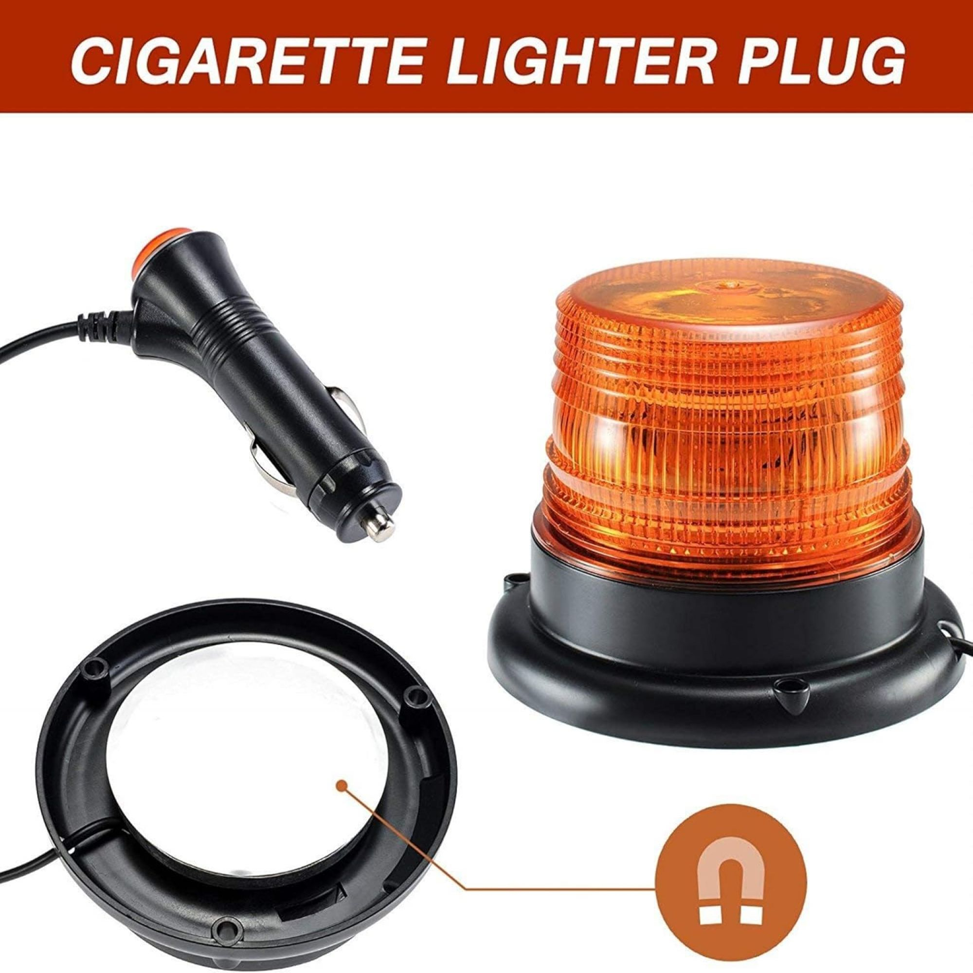Ein Warnlicht, ein Zigarettenanzünder und ein Sockel. Das Licht ist orange und hat einen schwarzen Sockel.