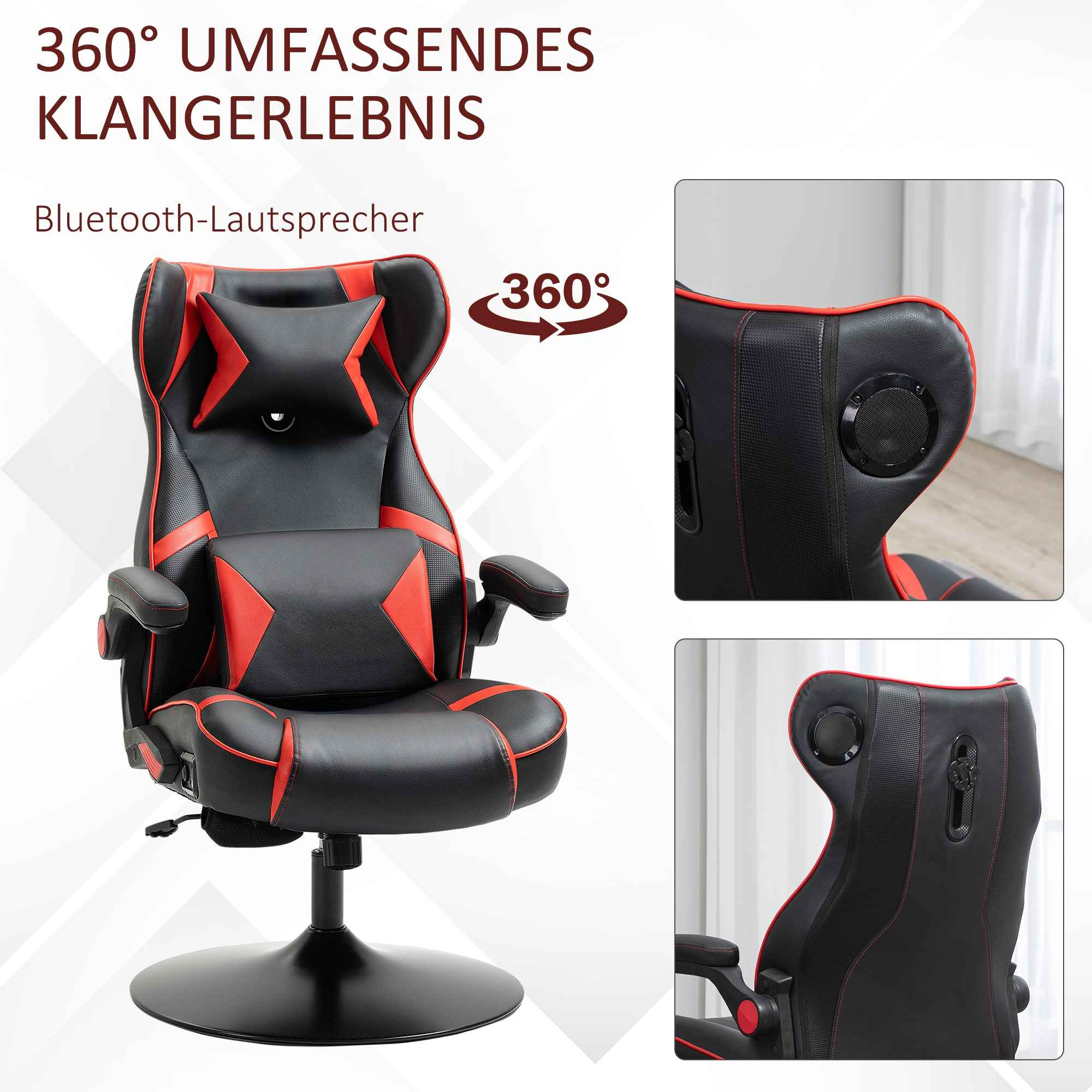 Ein schwarz-roter Gaming-Stuhl mit eingebauten Lautsprechern. Er hat eine Kopfstütze und ein schwarzes Gestell.