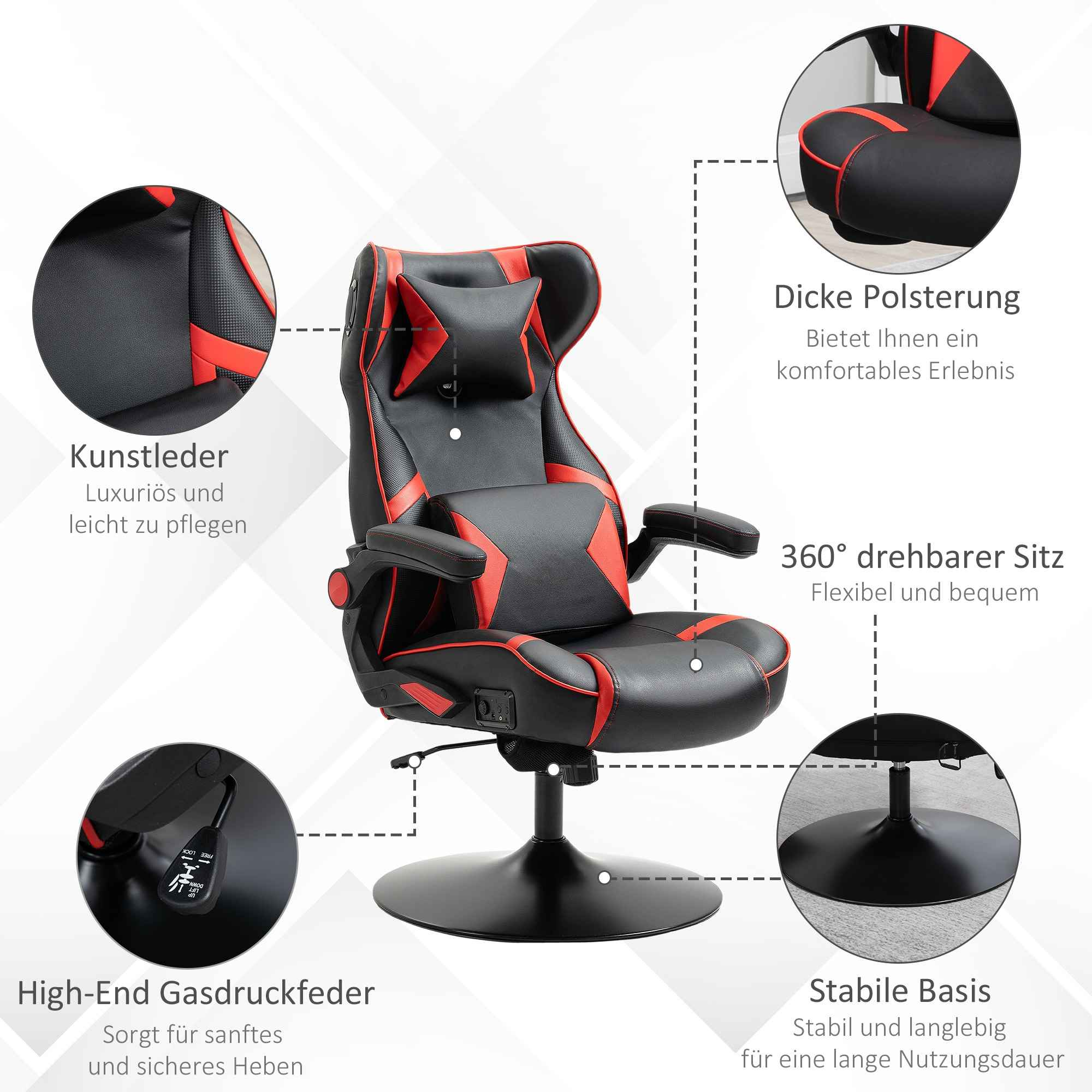 Ein schwarz-roter Gaming-Stuhl mit Textbeschriftungen. Er hat einen schwarzen Sockel und rote Akzente. Der Stuhl hat mehrere Etiketten.