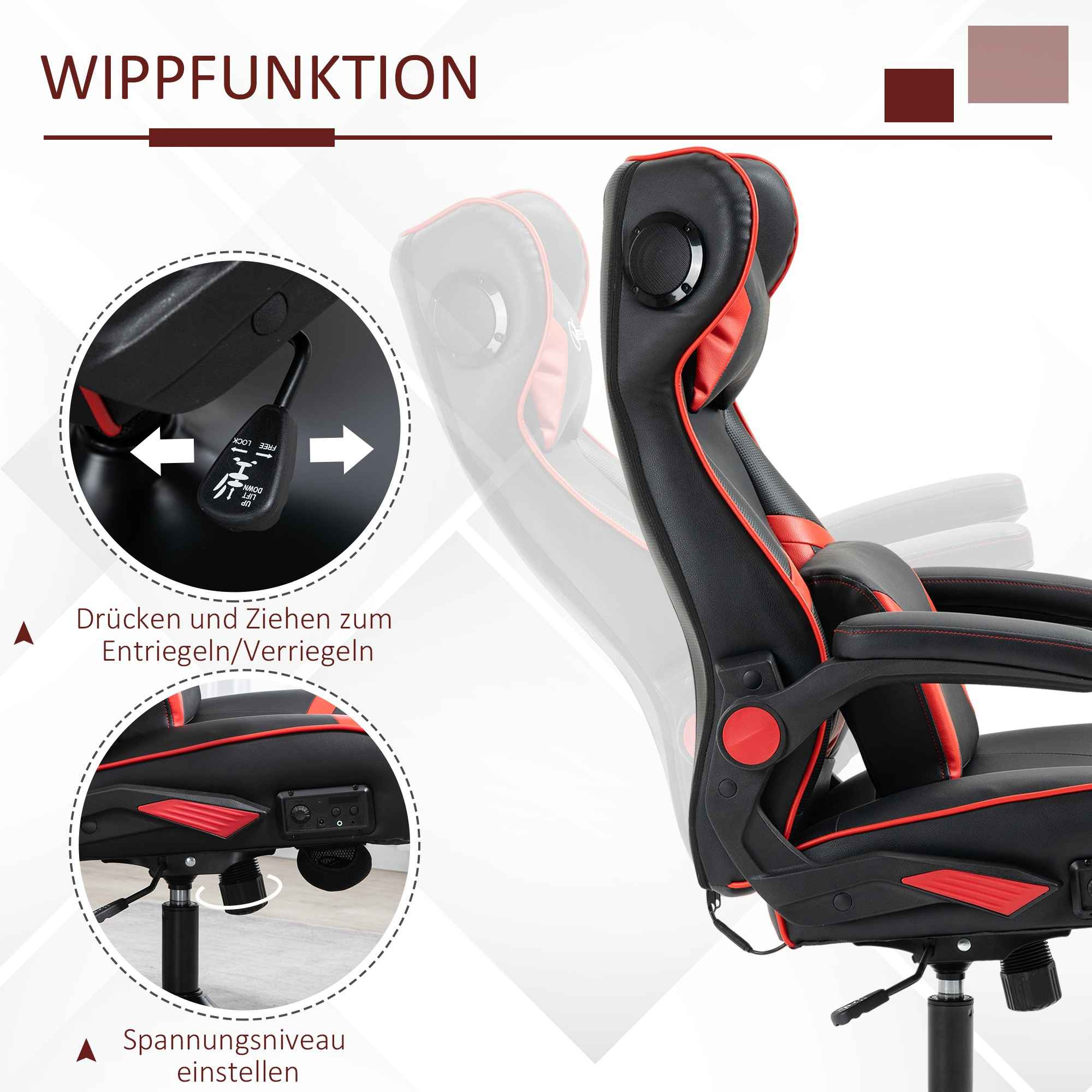 Gaming-Stuhl mit schwarzem und rotem Design, mit Diagrammen, die seine Funktionen veranschaulichen.