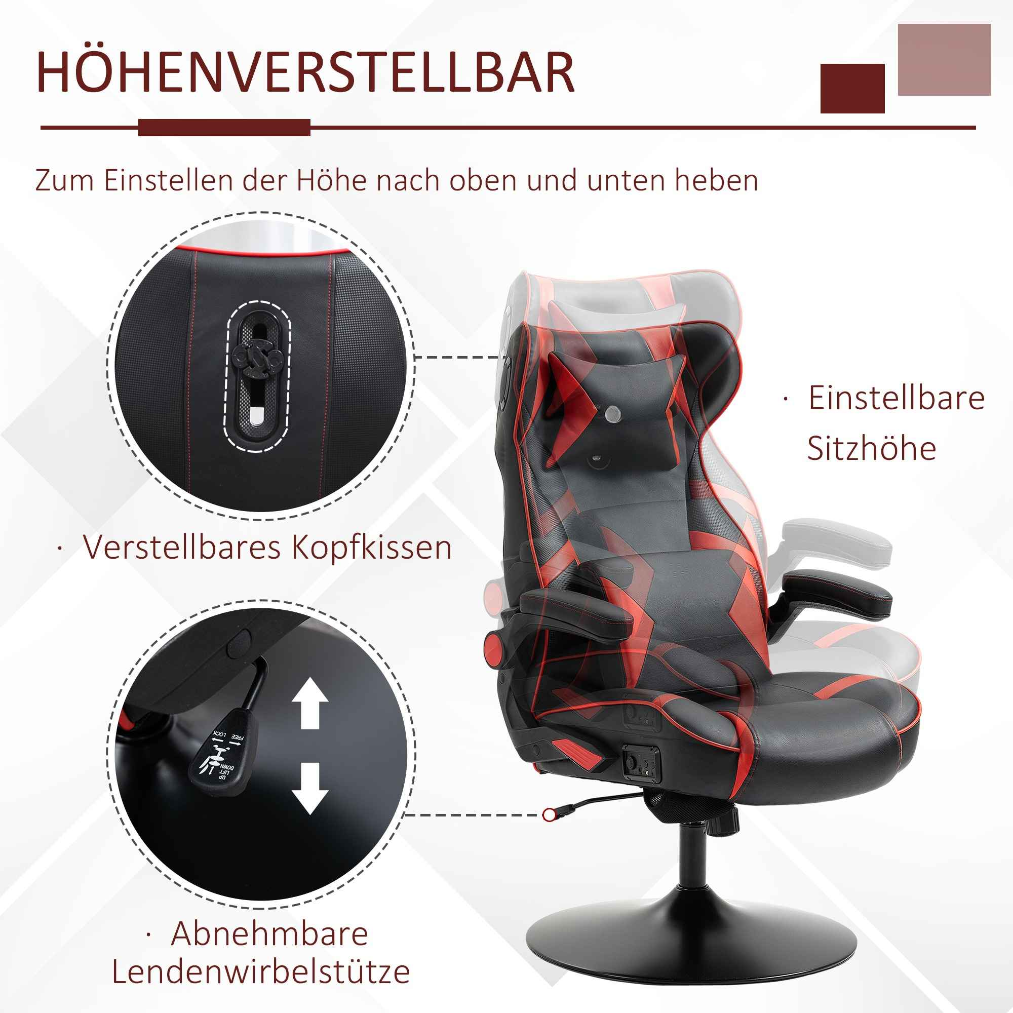 Schwarzer und roter Gaming-Stuhl mit Einstellungen. Weißer Hintergrund. Deutscher Text und Beschriftungen.