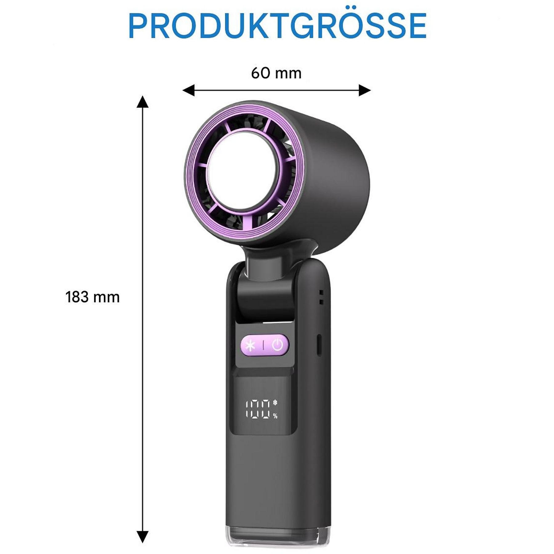Ein schwarzer und lila Handventilator. Der Ventilator hat eine digitale Anzeige und Messetiketten.