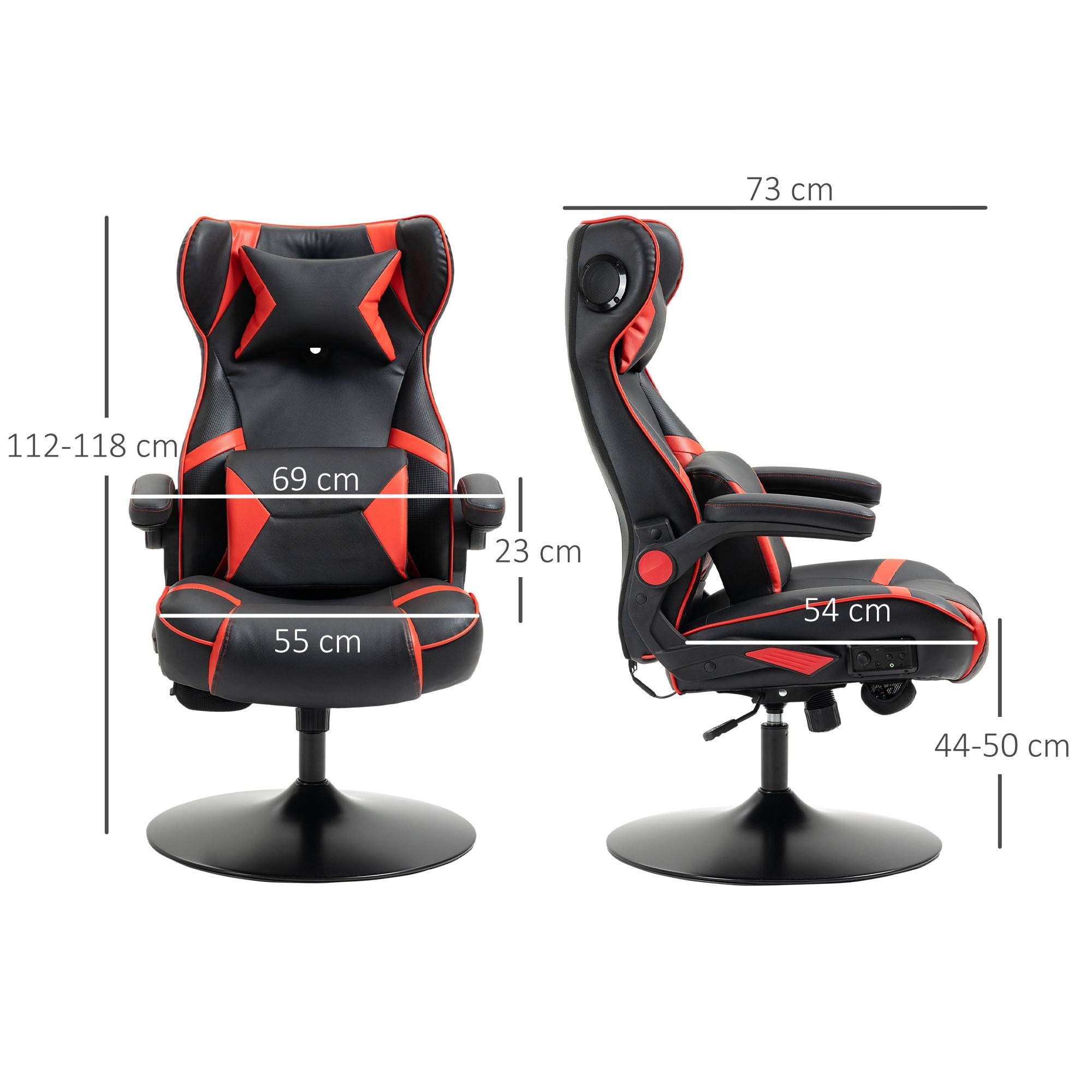 Ein schwarz-roter Gaming-Stuhl mit Abmessungen. Der Stuhl wird von vorne und von der Seite gezeigt.