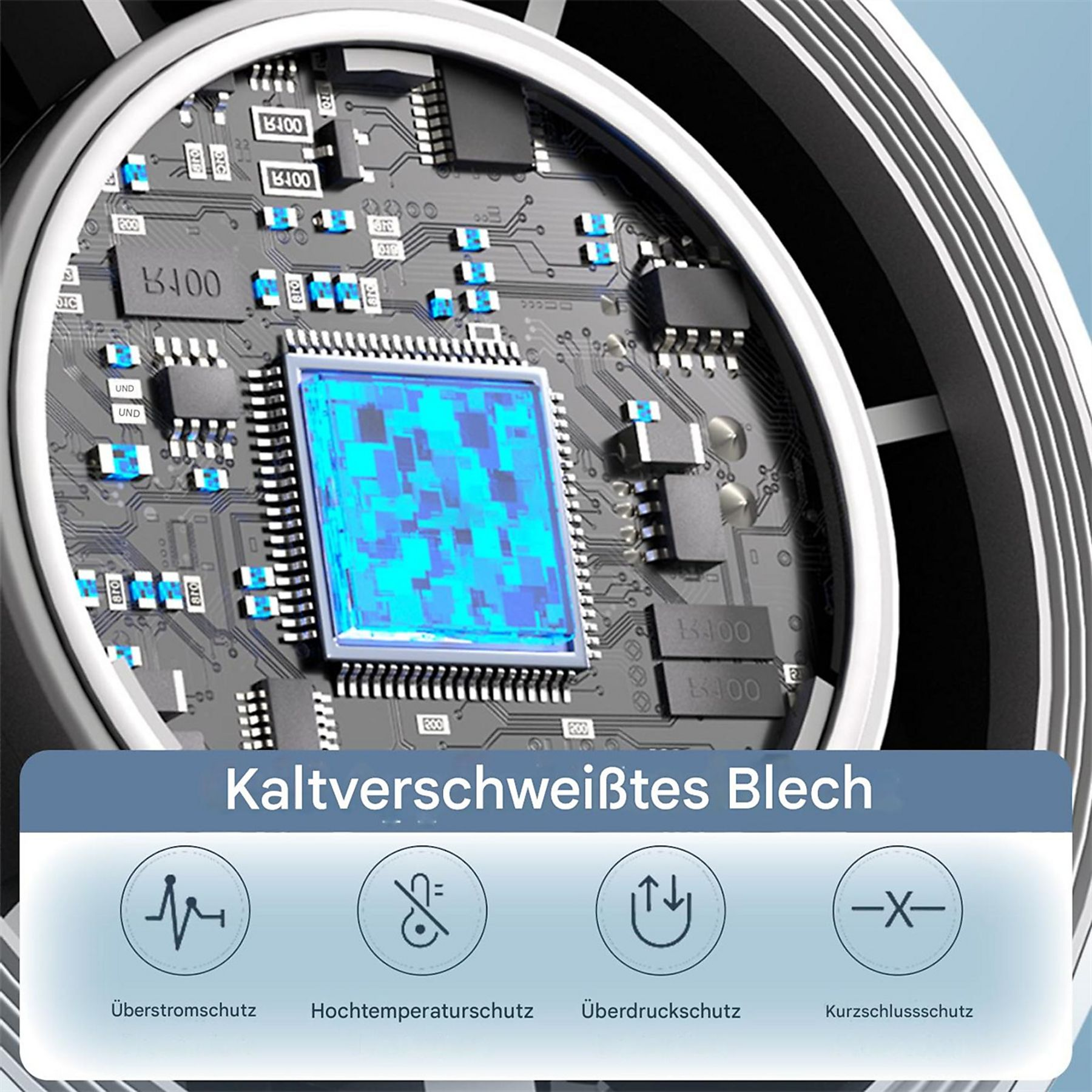 Nahaufnahme einer elektronischen Leiterplatte mit blauem Zentralelement und Text darunter.