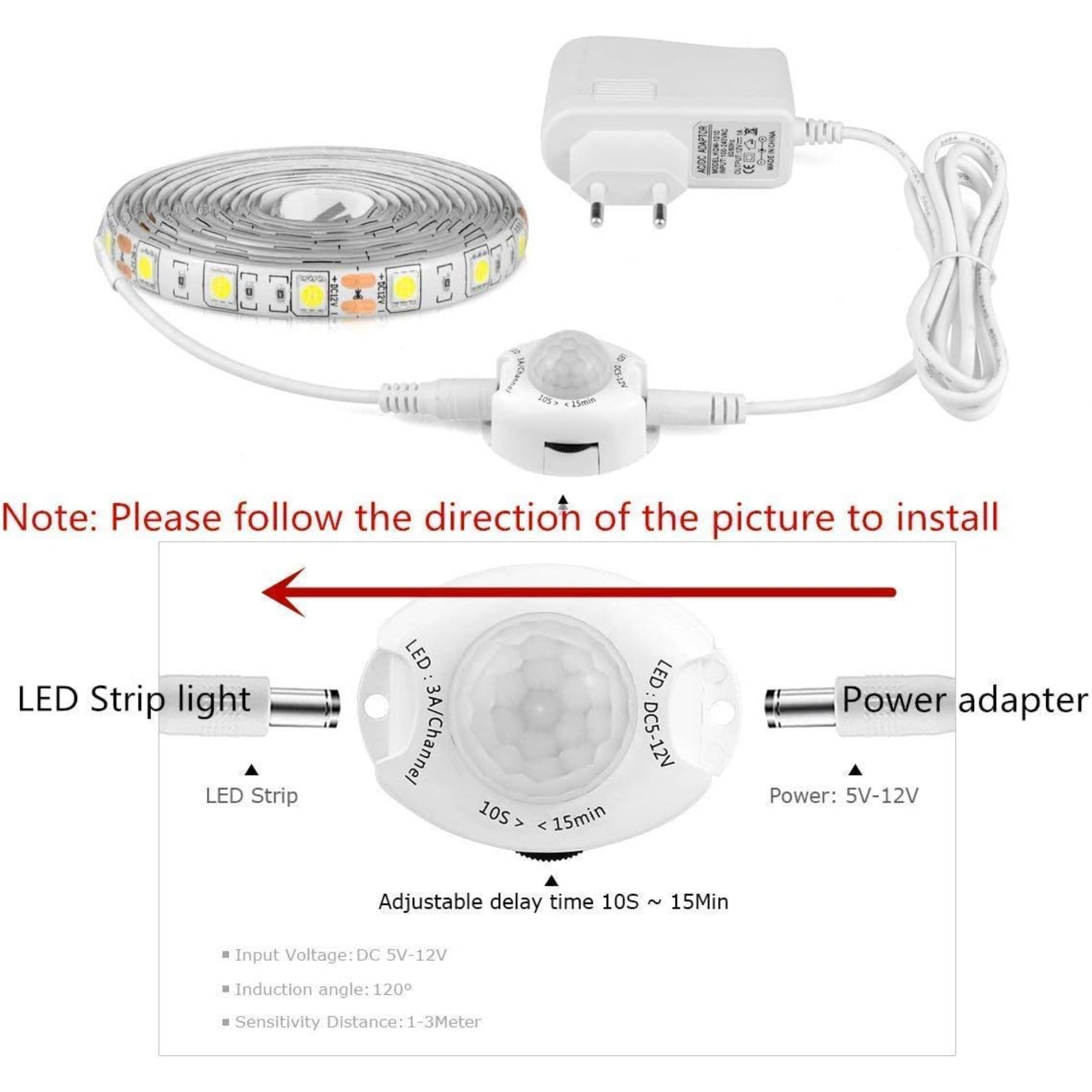 Diagramm, das die Komponenten eines LED-Streifenlichtsystems zeigt, einschließlich eines Netzteils.