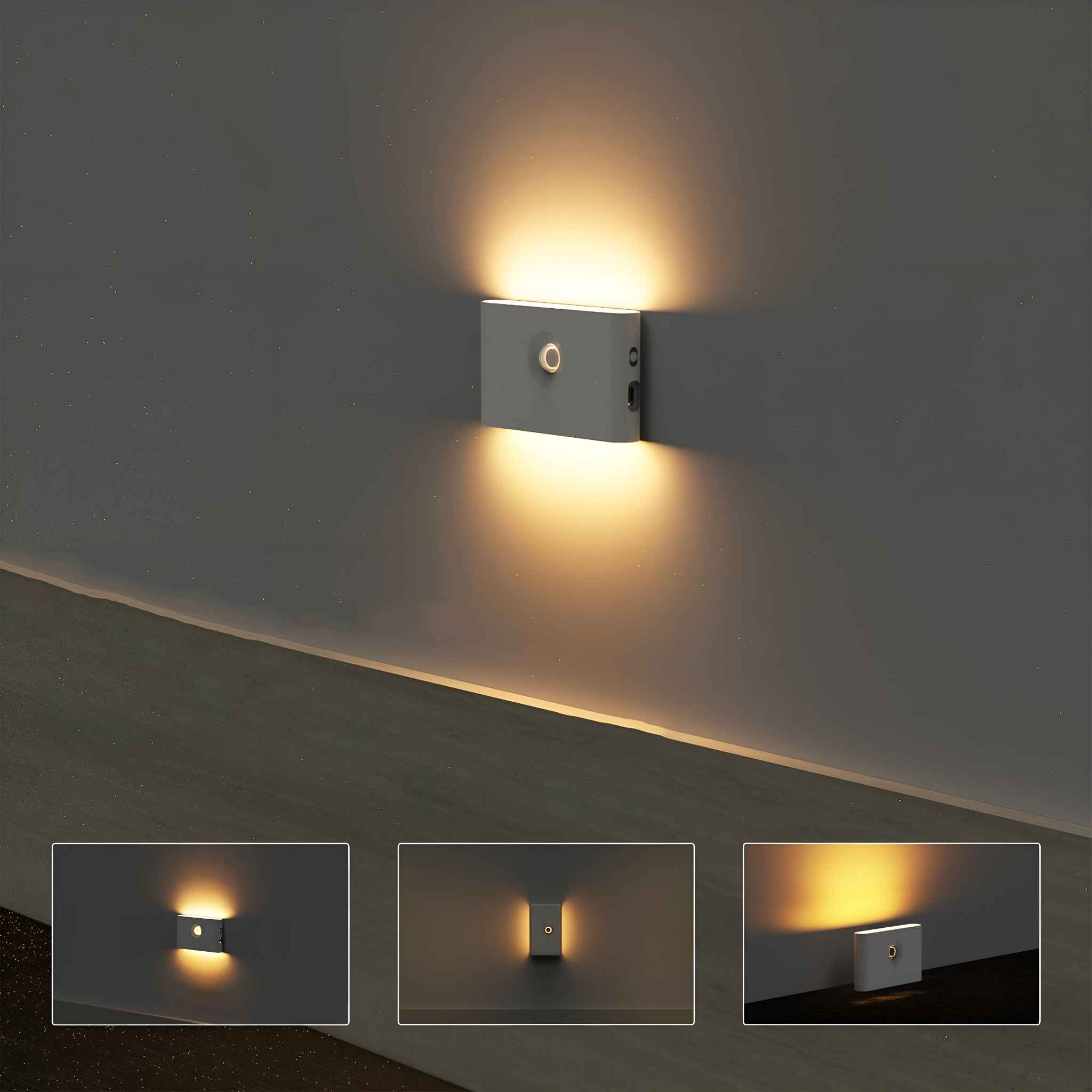 Wandleuchte mit drei verschiedenen Lichtmustern. Ein horizontales Licht.