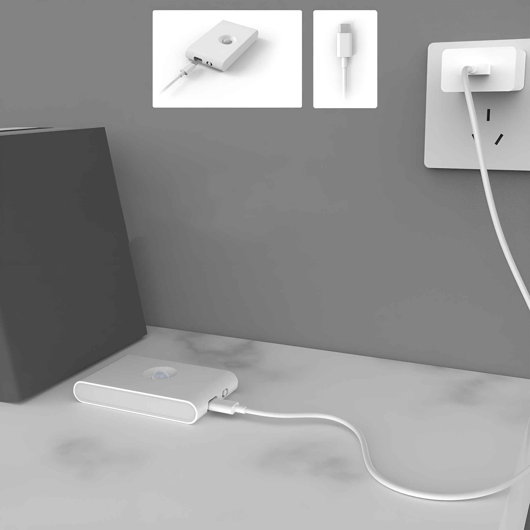 Ein weißes, rechteckiges Gerät mit einem Kabel, das an eine Steckdose und ein kleineres Kabel angeschlossen ist.