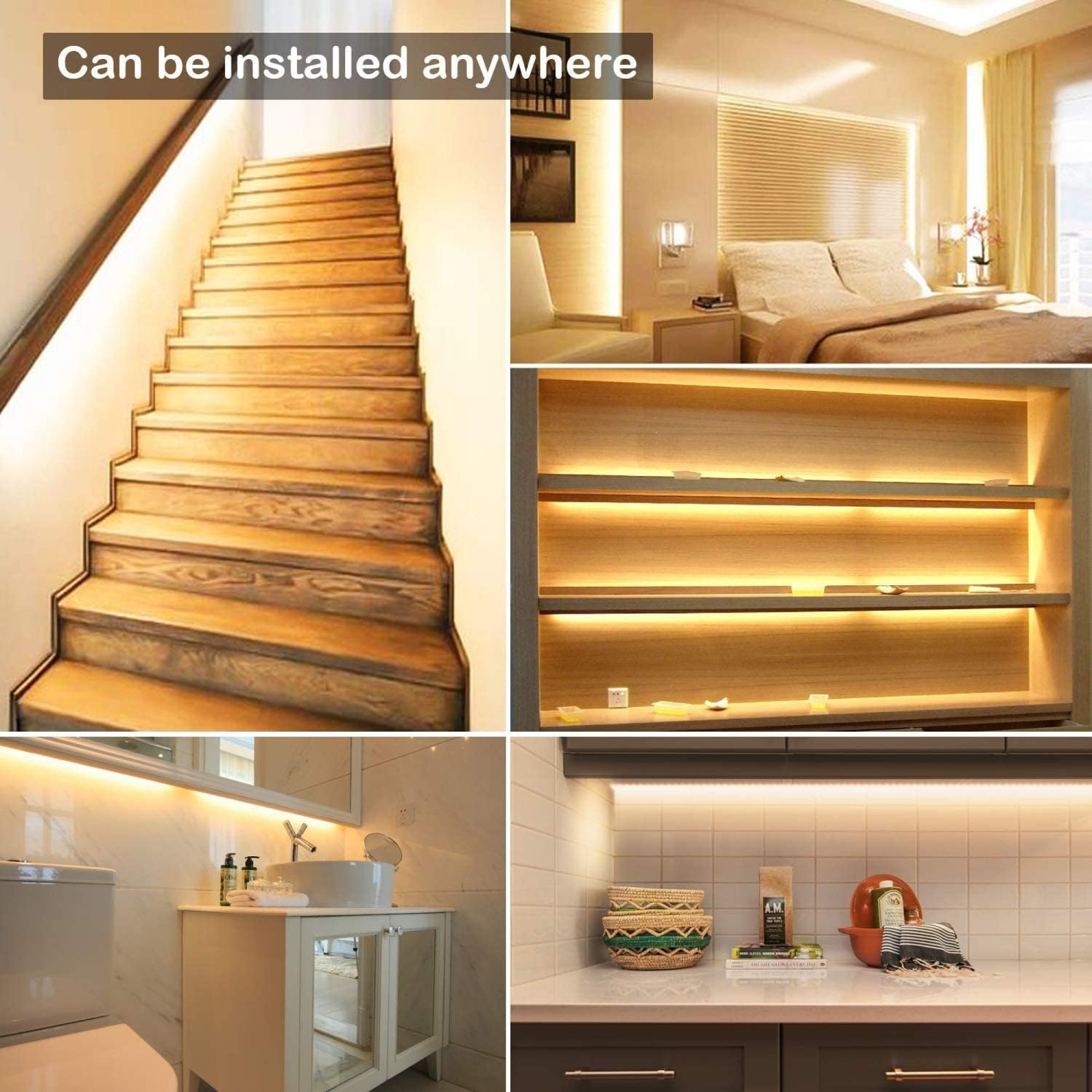 Verschiedene Bereiche mit LED-Streifenlichtern: Treppen, Regale, Schlafzimmer und Badezimmer.