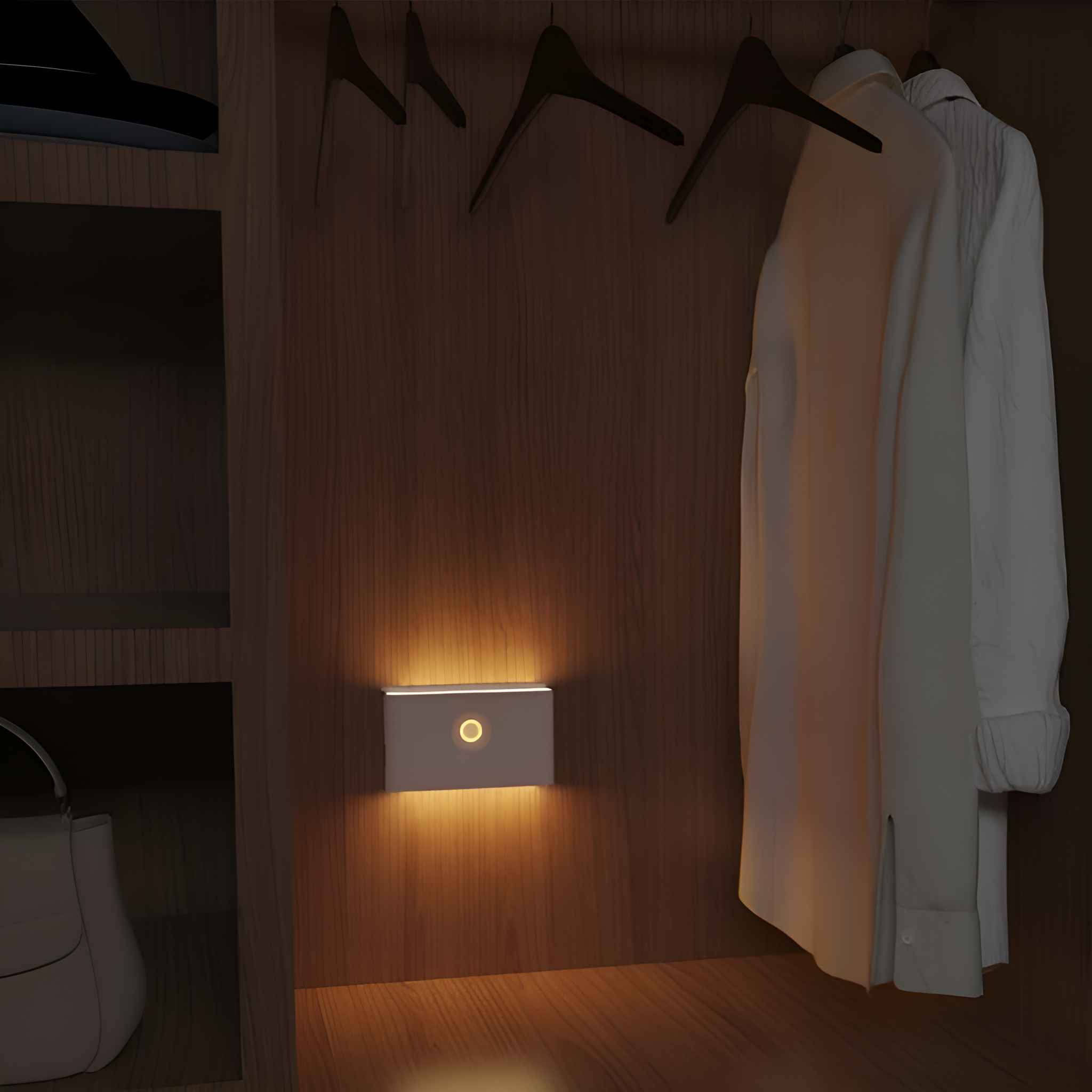 Eine Leuchte ist in einem Schrank montiert und beleuchtet Kleidung, die an einer Stange hängt.