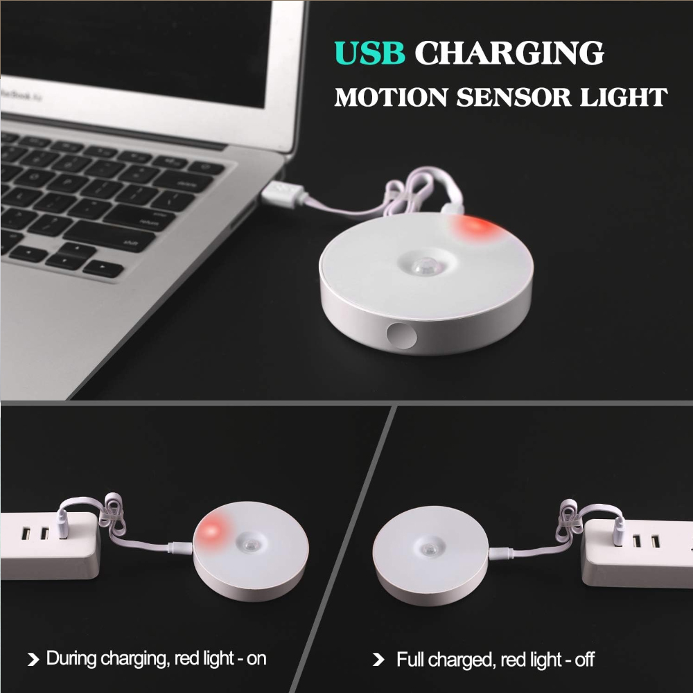 Ein weißes Bewegungssensorlicht wird über USB aufgeladen, rotes Licht an. Voll aufgeladen, Licht aus.