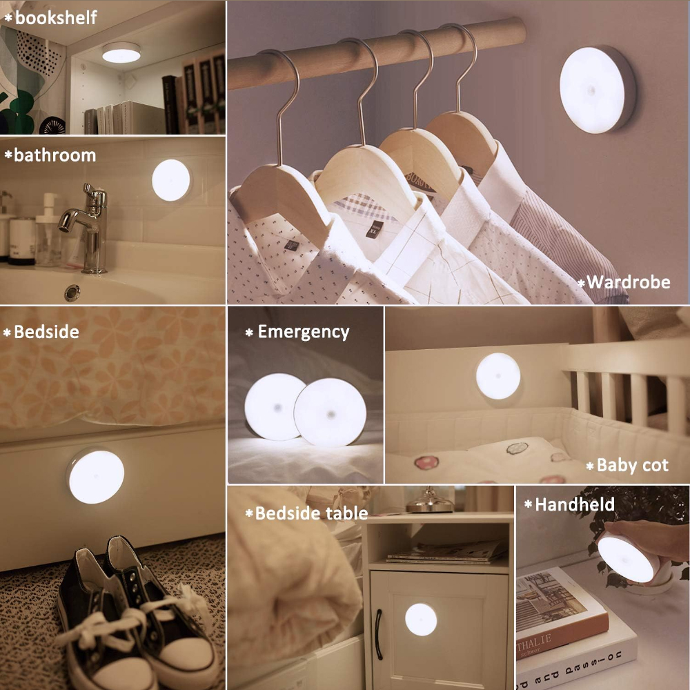 Verschiedene Standorte für ein rundes LED-Licht: Bücherregal, Badezimmer, Kleiderschrank, Nachttisch, Notfall, Babybett, Nachttisch, Handheld.