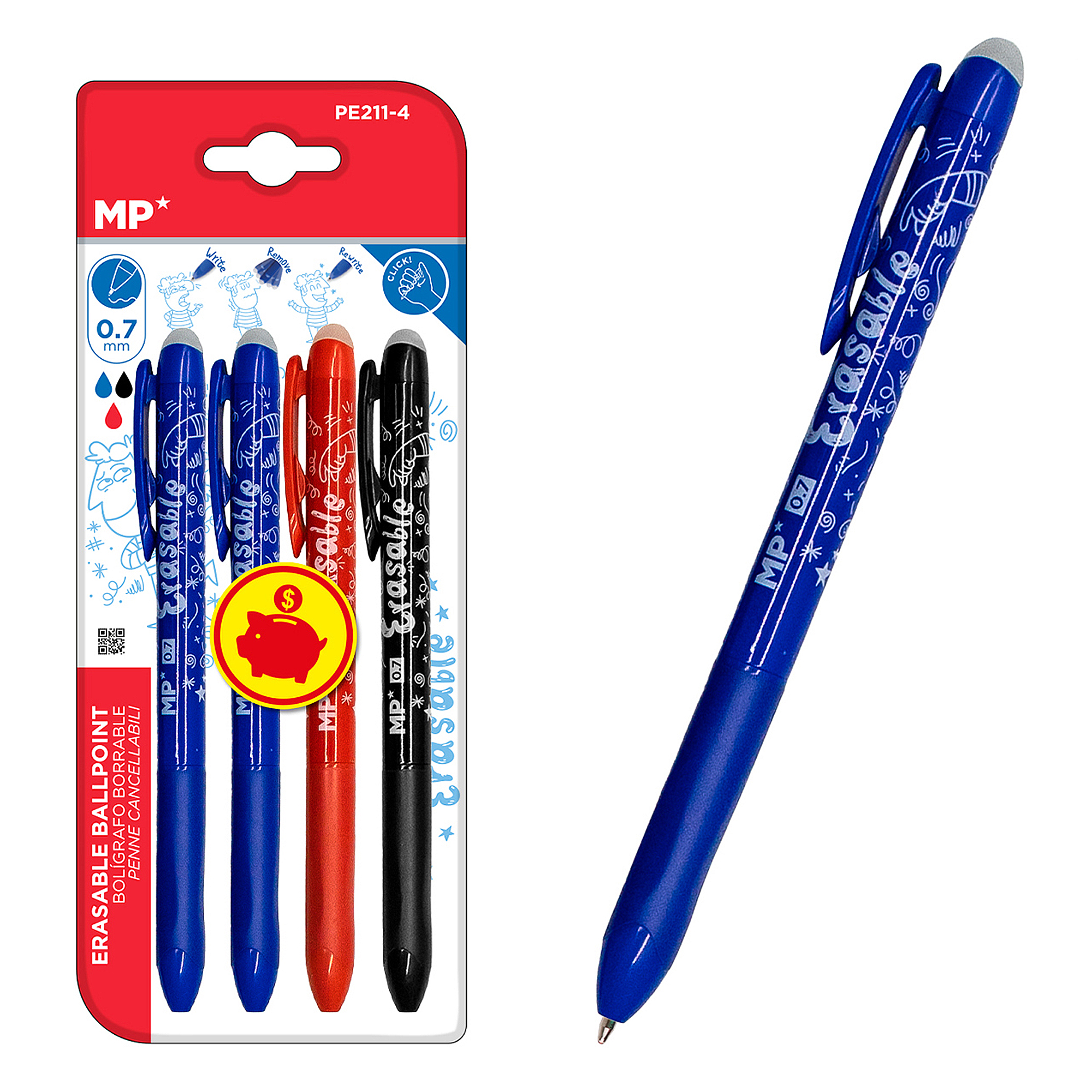 Ein Stift und eine Packung löschbarer Stifte in verschiedenen Farben, mit dem Text "Erasable".